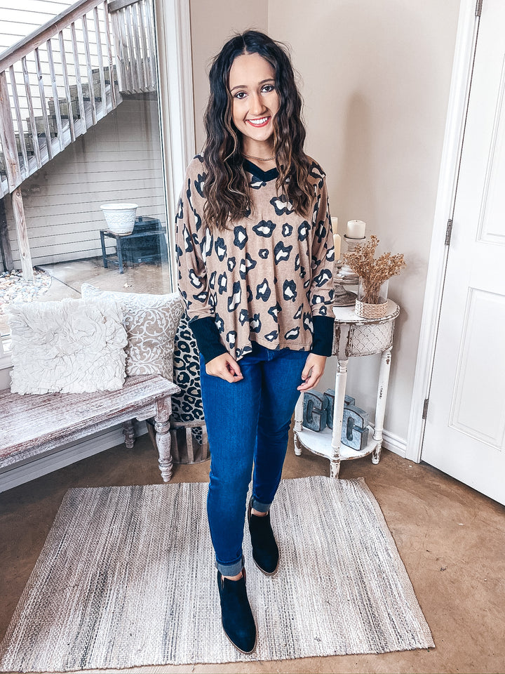 Wild In Love Waffle Knit Trim  Leopard Dolman Top in Mocha Brown - Giddy Up Glamour Boutique