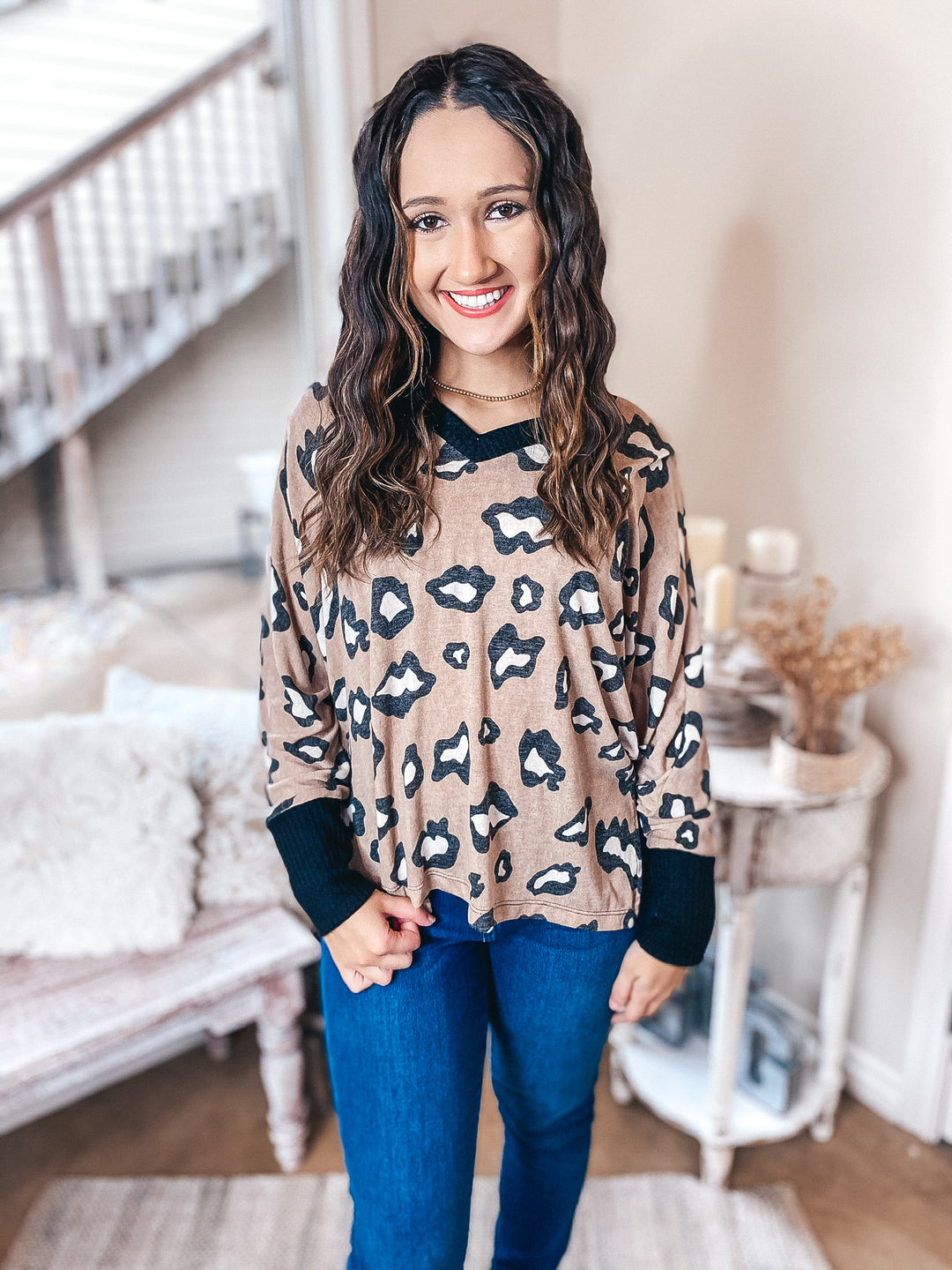 Wild In Love Waffle Knit Trim  Leopard Dolman Top in Mocha Brown - Giddy Up Glamour Boutique