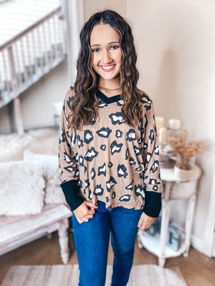 Wild In Love Waffle Knit Trim  Leopard Dolman Top in Mocha Brown - Giddy Up Glamour Boutique