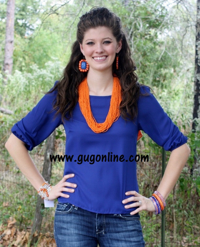Last Chance Size Small | Quarterbacks' Girlfriend Bow Back Top in Blue - Giddy Up Glamour Boutique