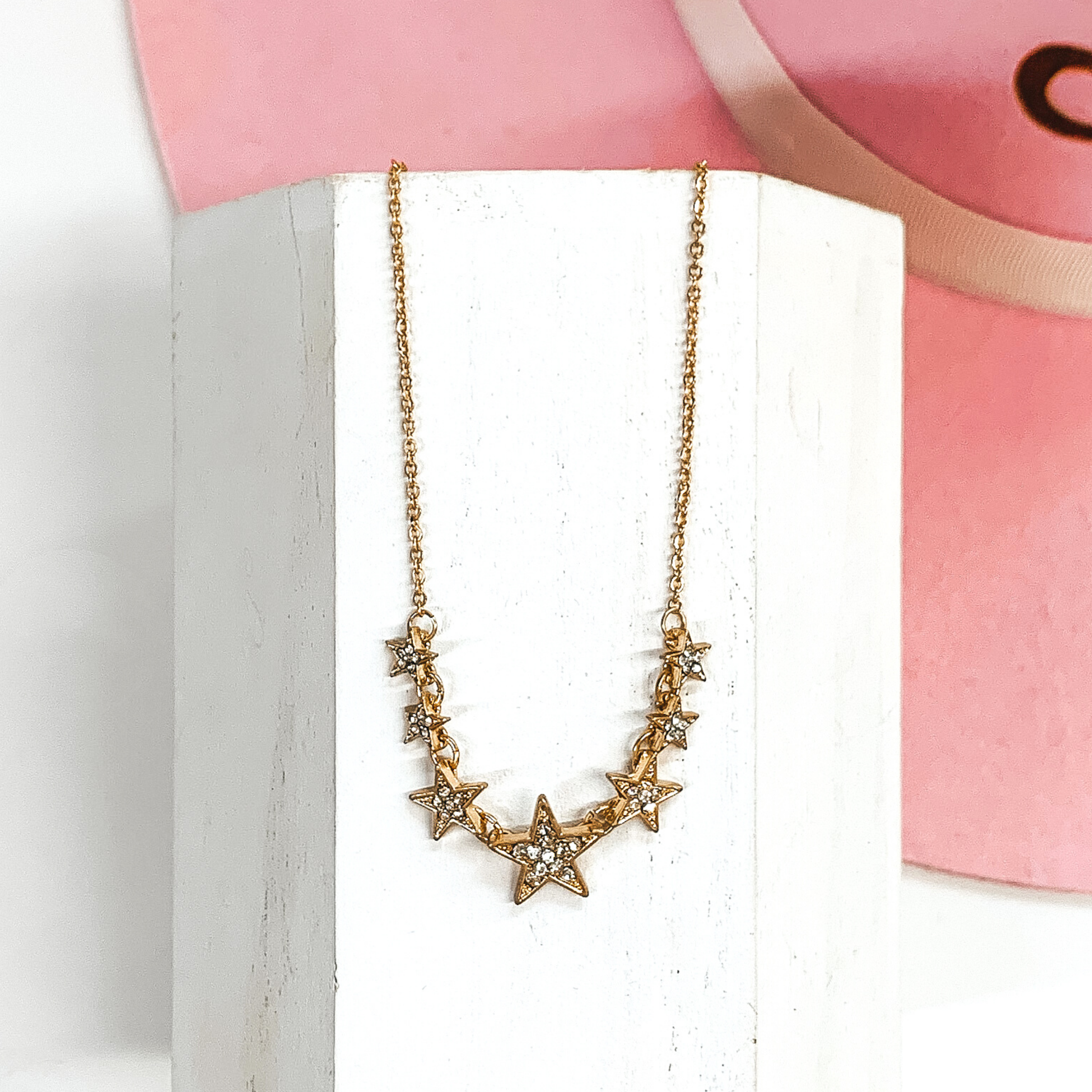 Simple Chain Necklace and Star Charms with Clear Crystals in Gold - Giddy Up Glamour Boutique