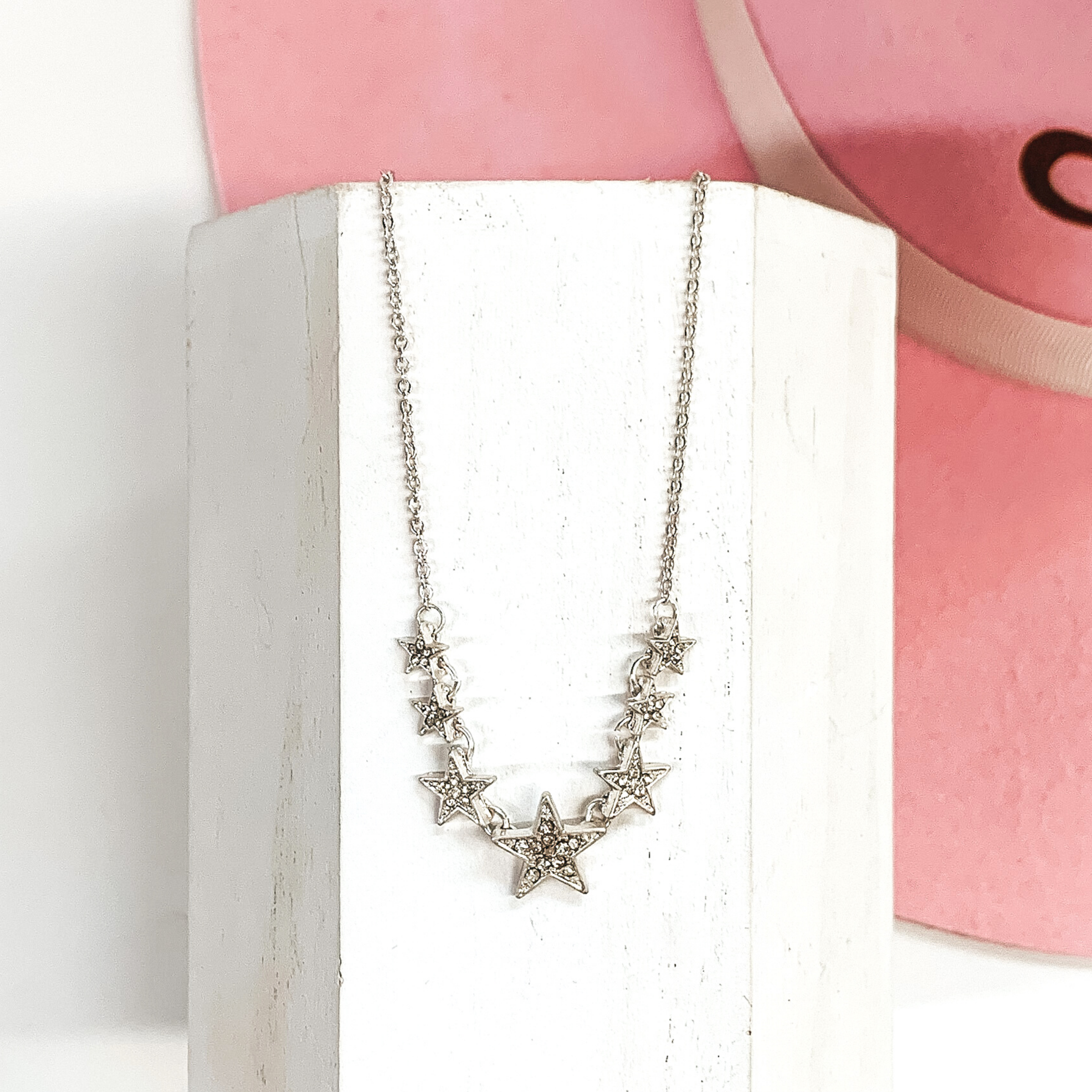 Simple Chain Necklace and Star Charms with Clear Crystals in Silver - Giddy Up Glamour Boutique