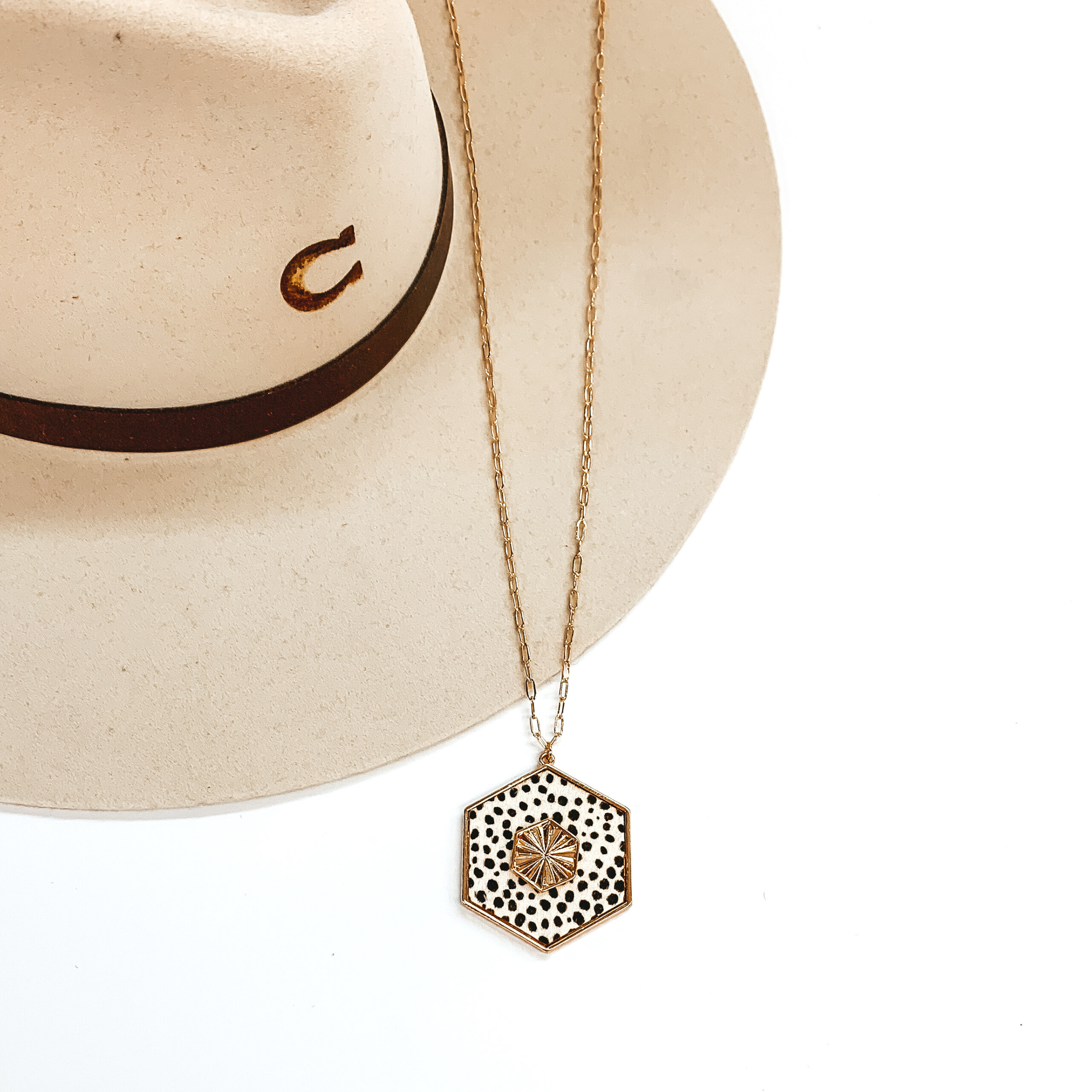 Long Gold Chain Necklace with a Hexagon Pendant in Ivory Cheetah Print - Giddy Up Glamour Boutique