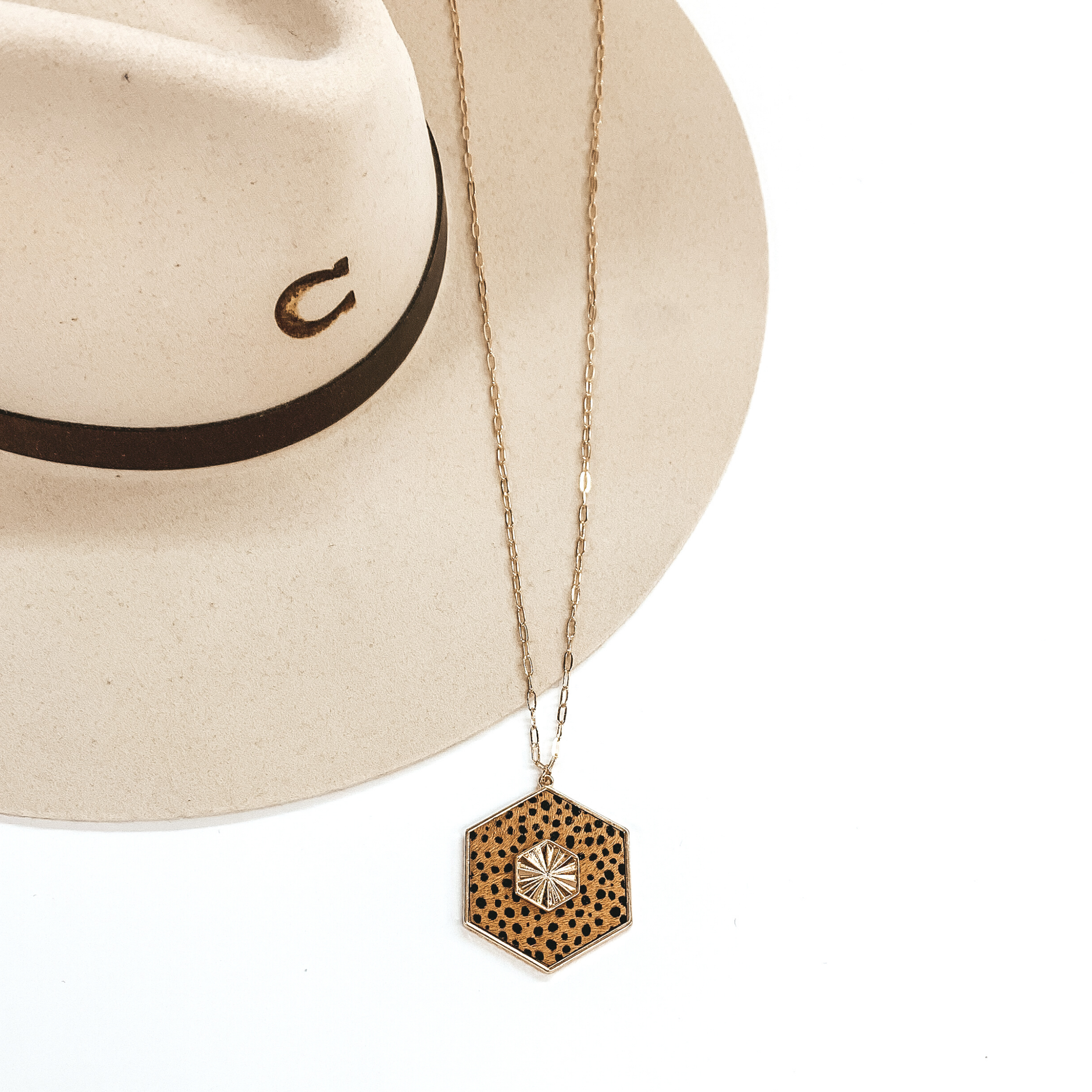 Long Gold Chain Necklace with a Hexagon Pendant in Tan Cheetah Print - Giddy Up Glamour Boutique