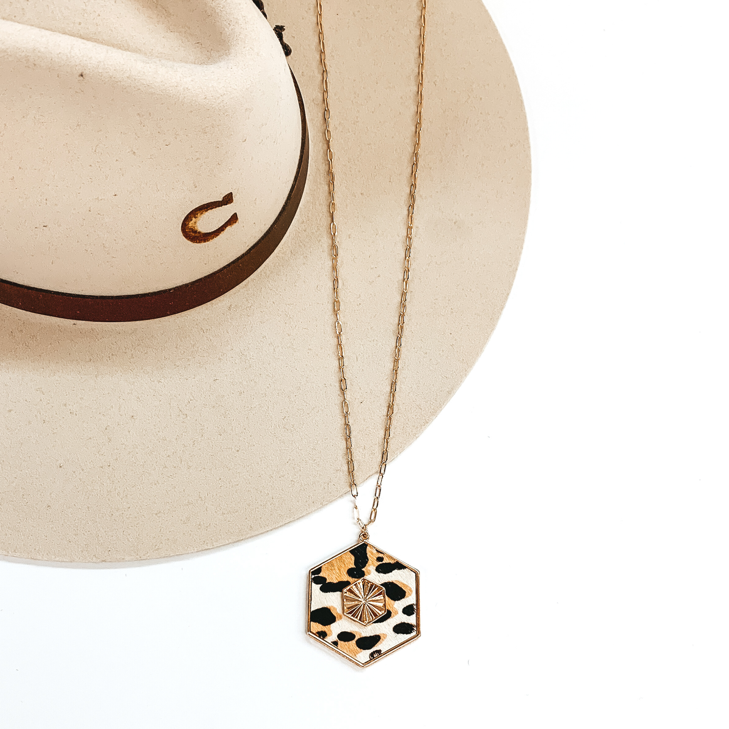Long Gold Chain Necklace with a Hexagon Pendant in Ivory Leopard Print - Giddy Up Glamour Boutique