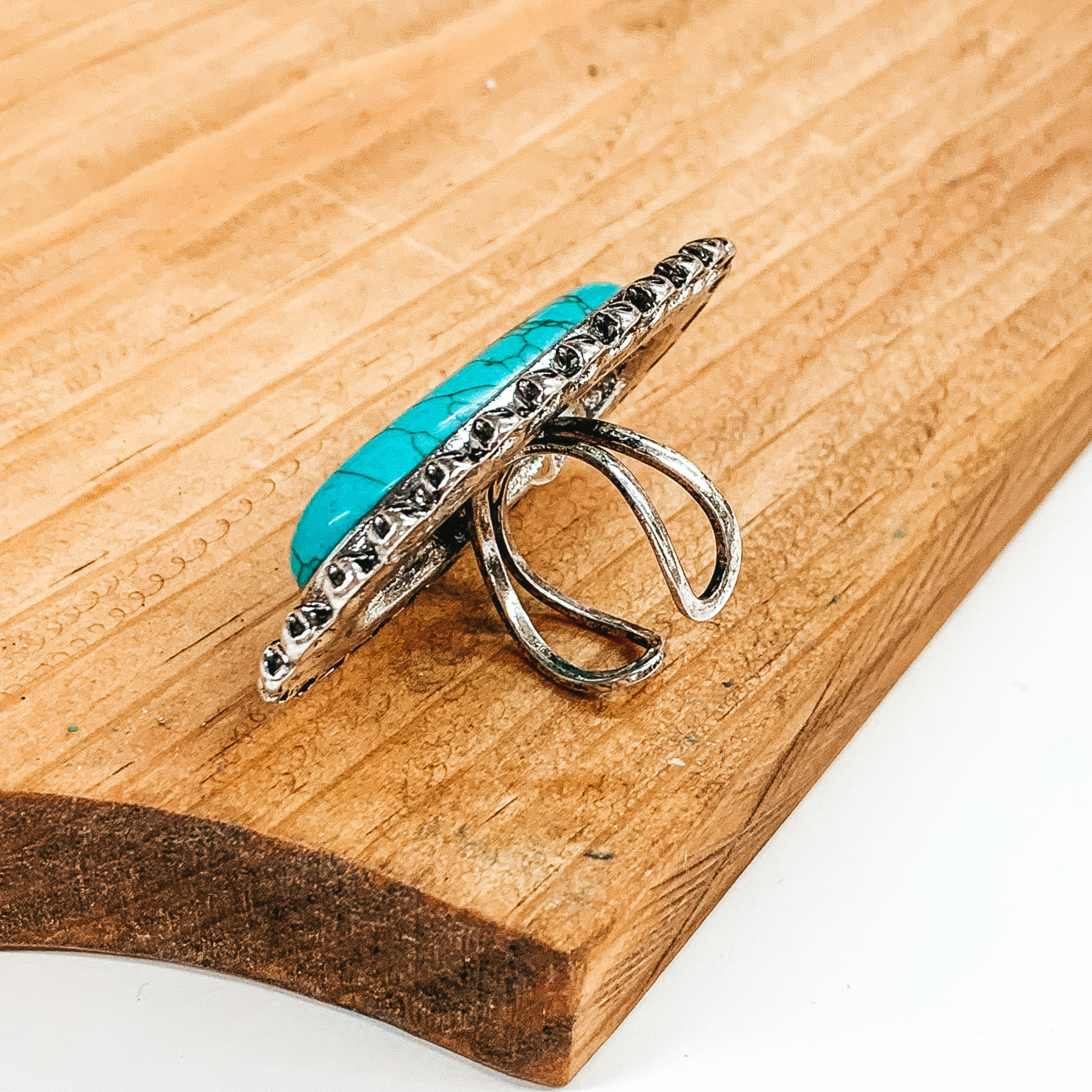 Oversized Western Oval Stone Silver Tone Cuff Ring in Turquoise - Giddy Up Glamour Boutique
