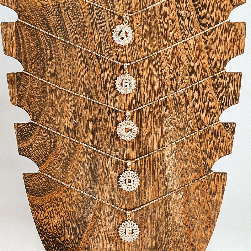 Chain Necklace with Open Coin Crystal Initial Pendant in Gold - Giddy Up Glamour Boutique