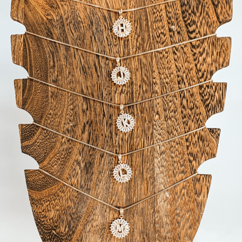 Chain Necklace with Open Coin Crystal Initial Pendant in Gold - Giddy Up Glamour Boutique