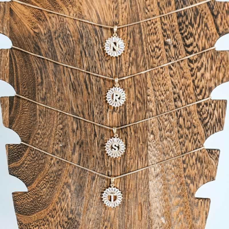 Chain Necklace with Open Coin Crystal Initial Pendant in Gold - Giddy Up Glamour Boutique