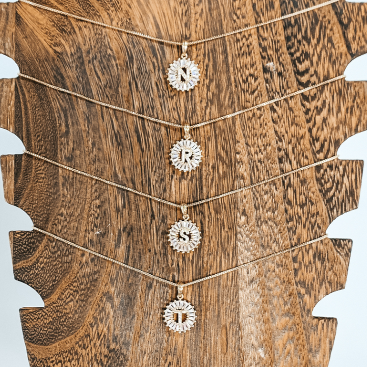 Chain Necklace with Open Coin Crystal Initial Pendant in Gold - Giddy Up Glamour Boutique