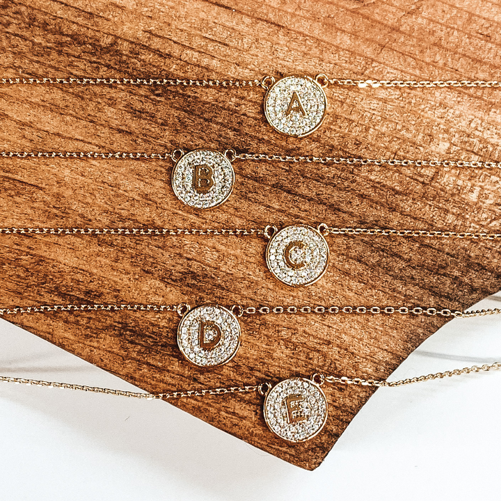 Chain Necklace with Crystal Coin Initial Pendant in Gold - Giddy Up Glamour Boutique