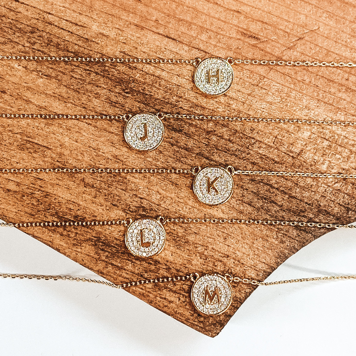 Chain Necklace with Crystal Coin Initial Pendant in Gold - Giddy Up Glamour Boutique