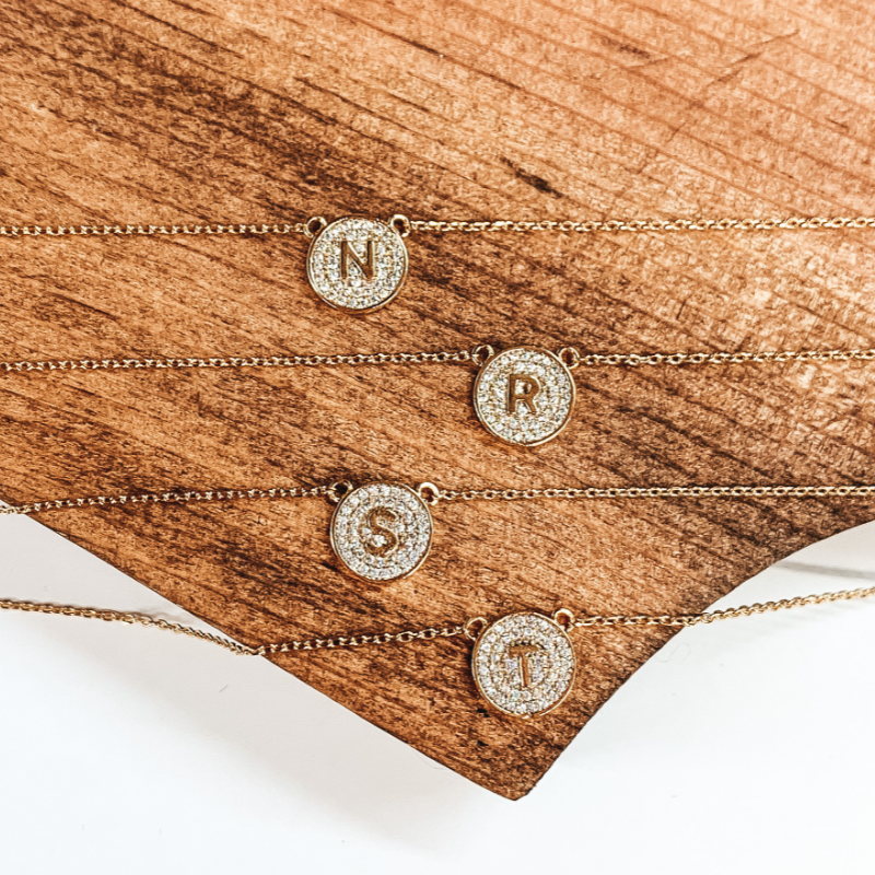 Chain Necklace with Crystal Coin Initial Pendant in Gold - Giddy Up Glamour Boutique