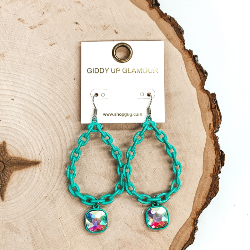 Chain Teardrop Dangle Teal Earrings with AB Cushion Cut Crystal - Giddy Up Glamour Boutique