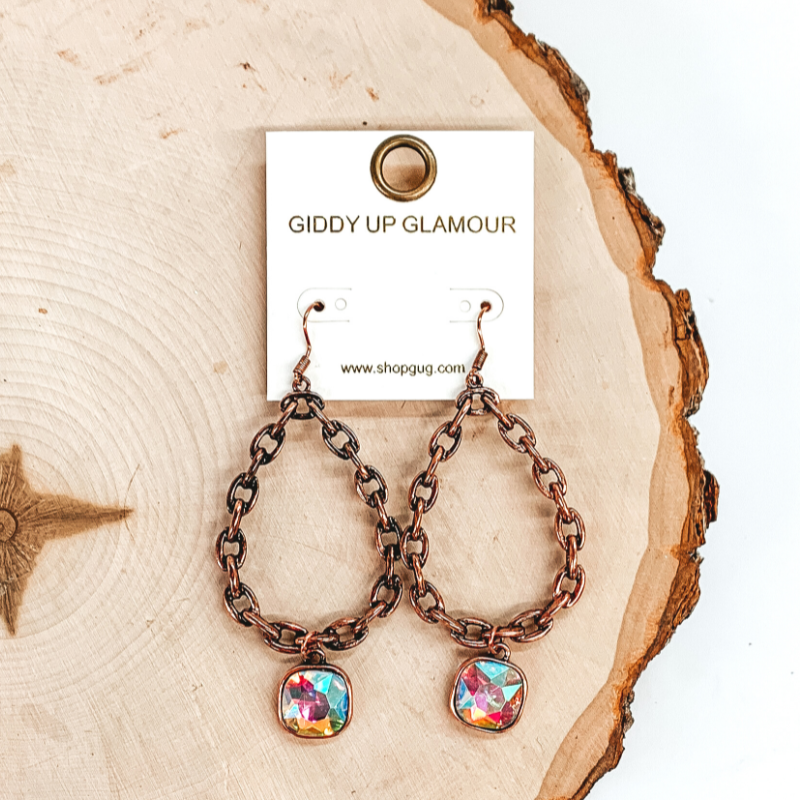 Chain Teardrop Dangle Copper Tone Earrings with AB Cushion Cut Crystal - Giddy Up Glamour Boutique