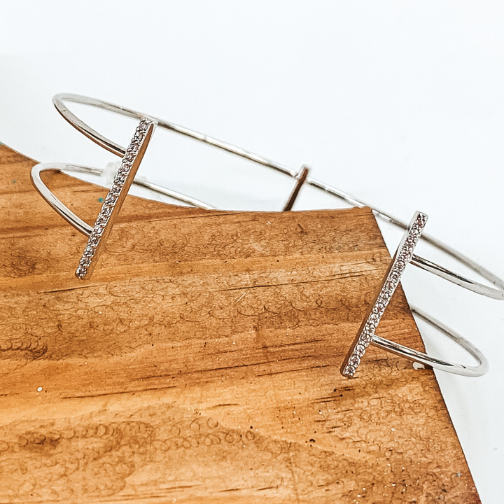 Double Thin Wired Bangle Bracelet with Crystal Bar Ends in Silver Tone - Giddy Up Glamour Boutique