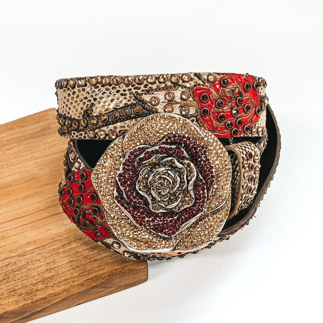 Kippys | Tan Leather with Red Rose Design Belt with Crystal Beaded Rose Buckle - Giddy Up Glamour Boutique