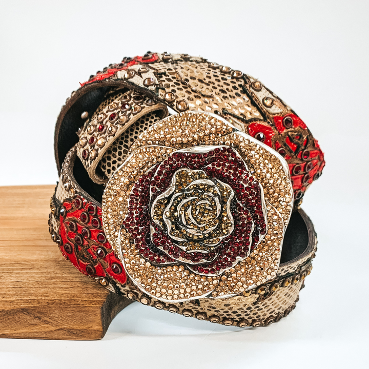 Kippys | Tan Leather with Red Rose Design Belt with Crystal Beaded Rose Buckle - Giddy Up Glamour Boutique