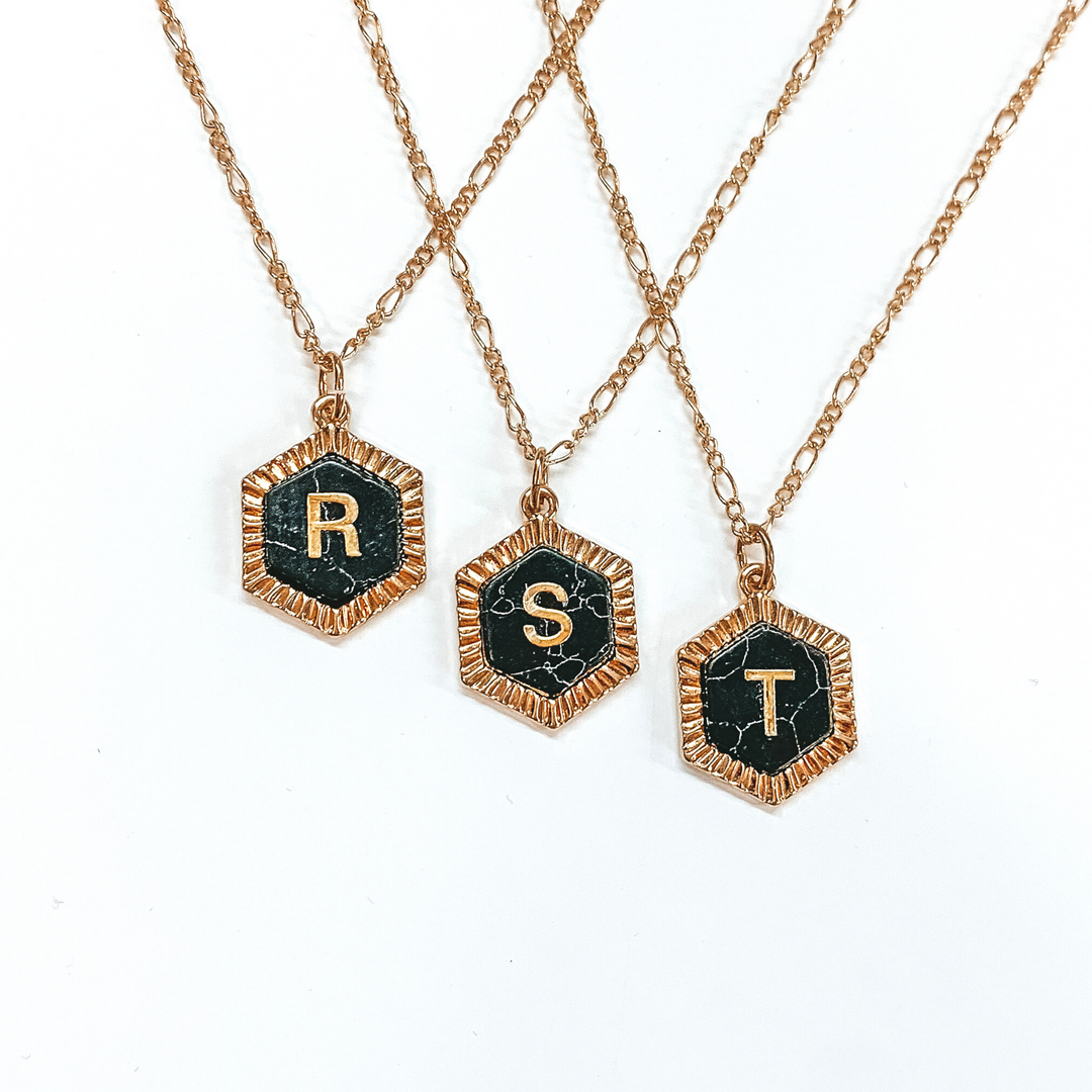 Gold Figaro Chain Necklace with Hexagon Initial Pendant in Black - Giddy Up Glamour Boutique