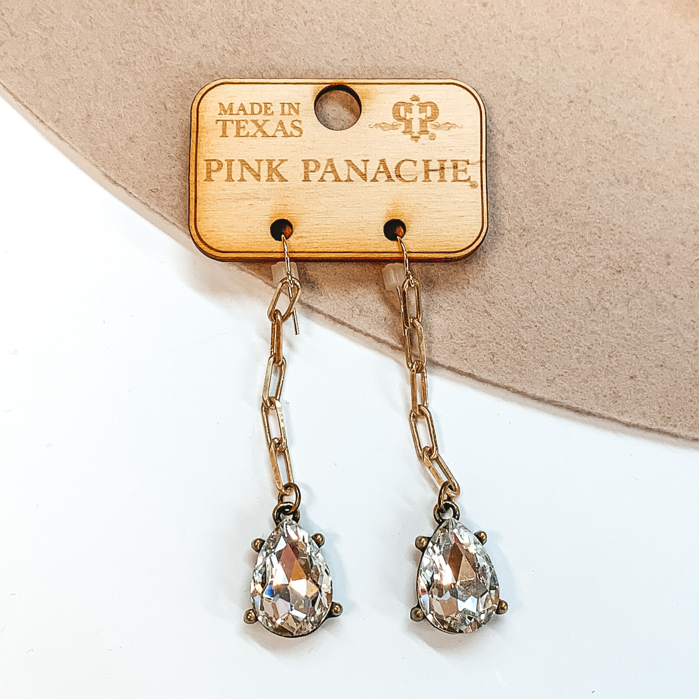 Pink Panache | Paperclip Chain Drop Earring with Hanging Clear Teardrop Crystal in Gold - Giddy Up Glamour Boutique