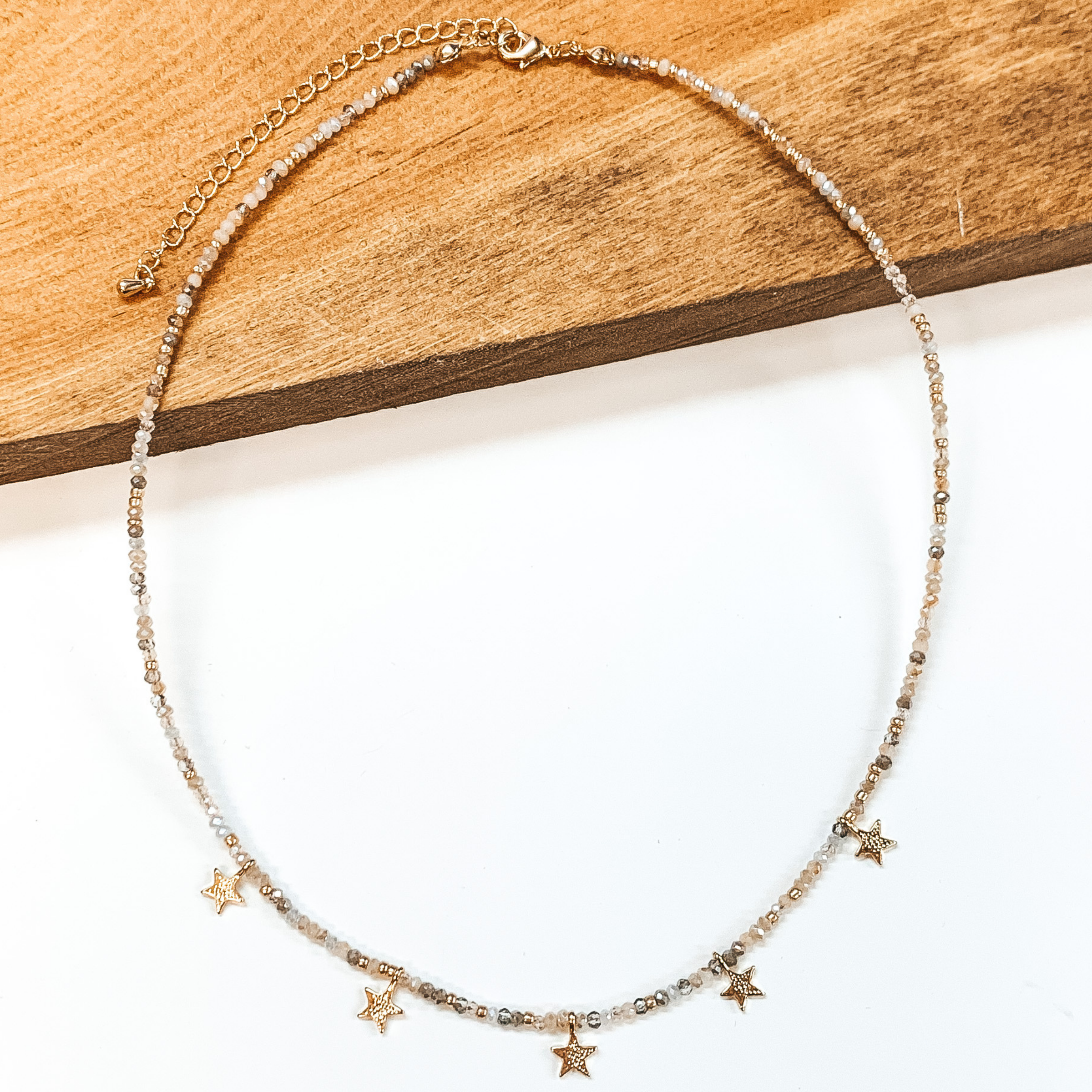 Beaded Necklace with Gold Star Charms in Nude Multi