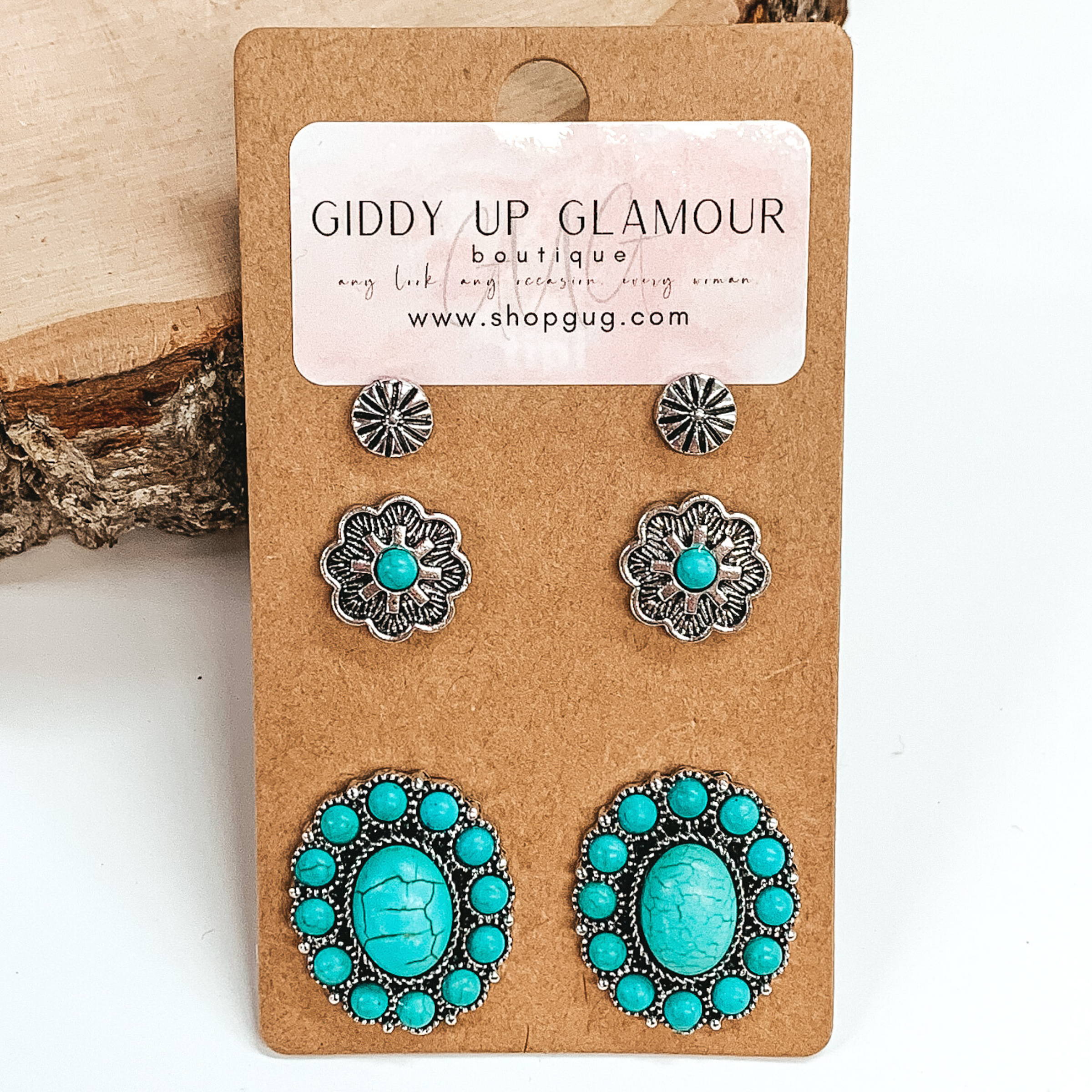 Western Concho Stone Earring Set in Turquoise - Giddy Up Glamour Boutique
