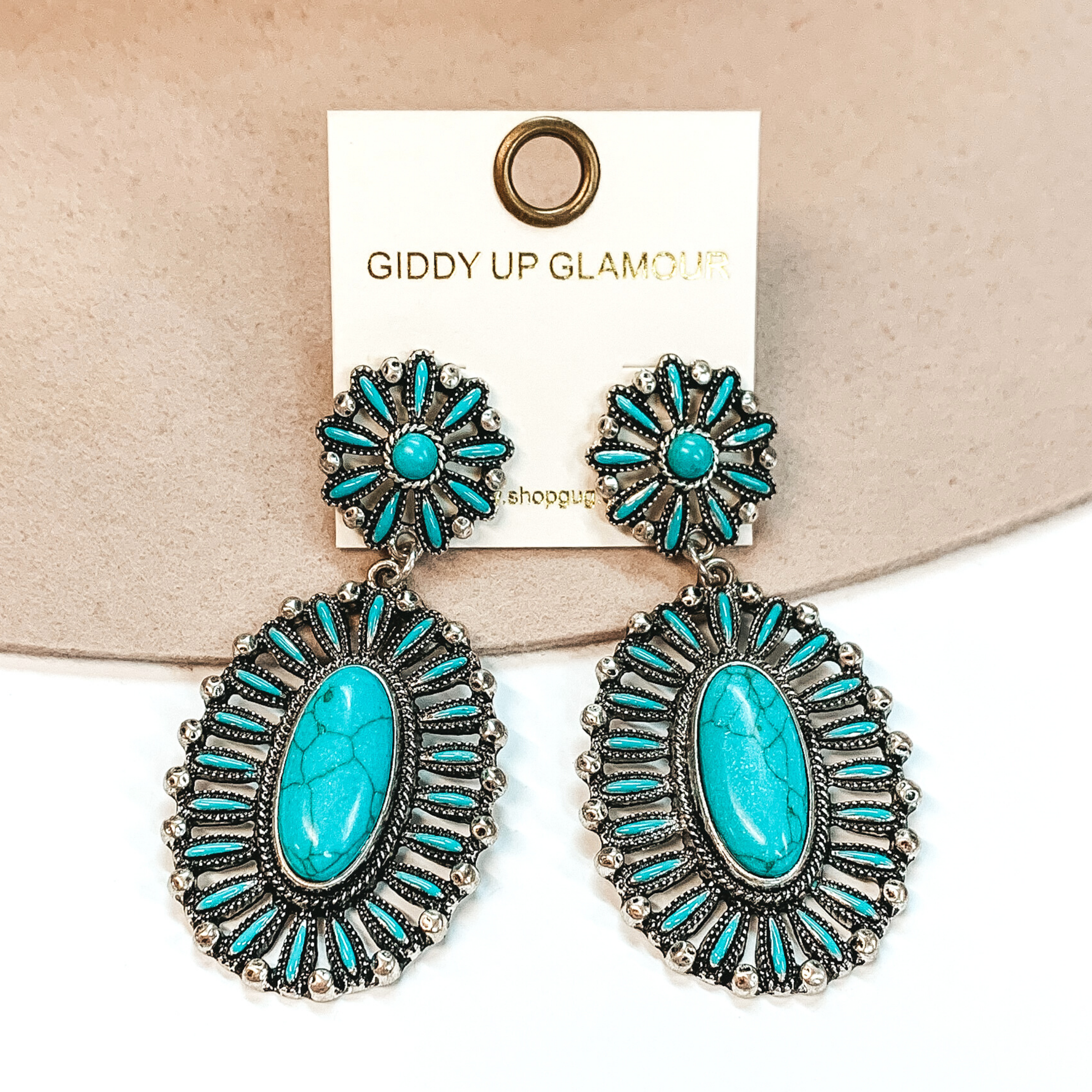 Oval Cluster Drop Earrings with Large Center Stone in Turquoise - Giddy Up Glamour Boutique