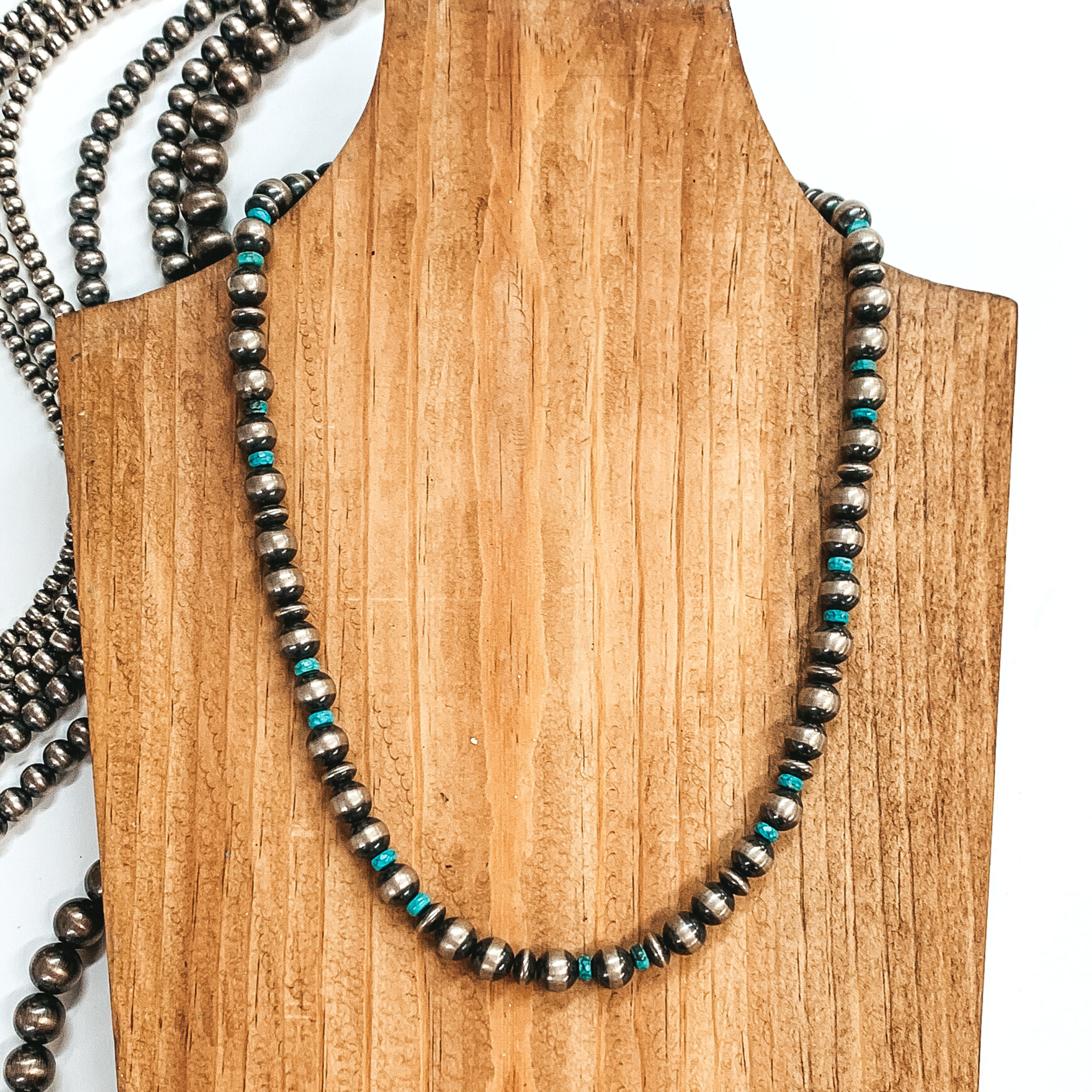 Navajo | Navajo Handmade 8mm Navajo Pearl Necklace with Saucer Pearl and Turquoise Spacers - Giddy Up Glamour Boutique