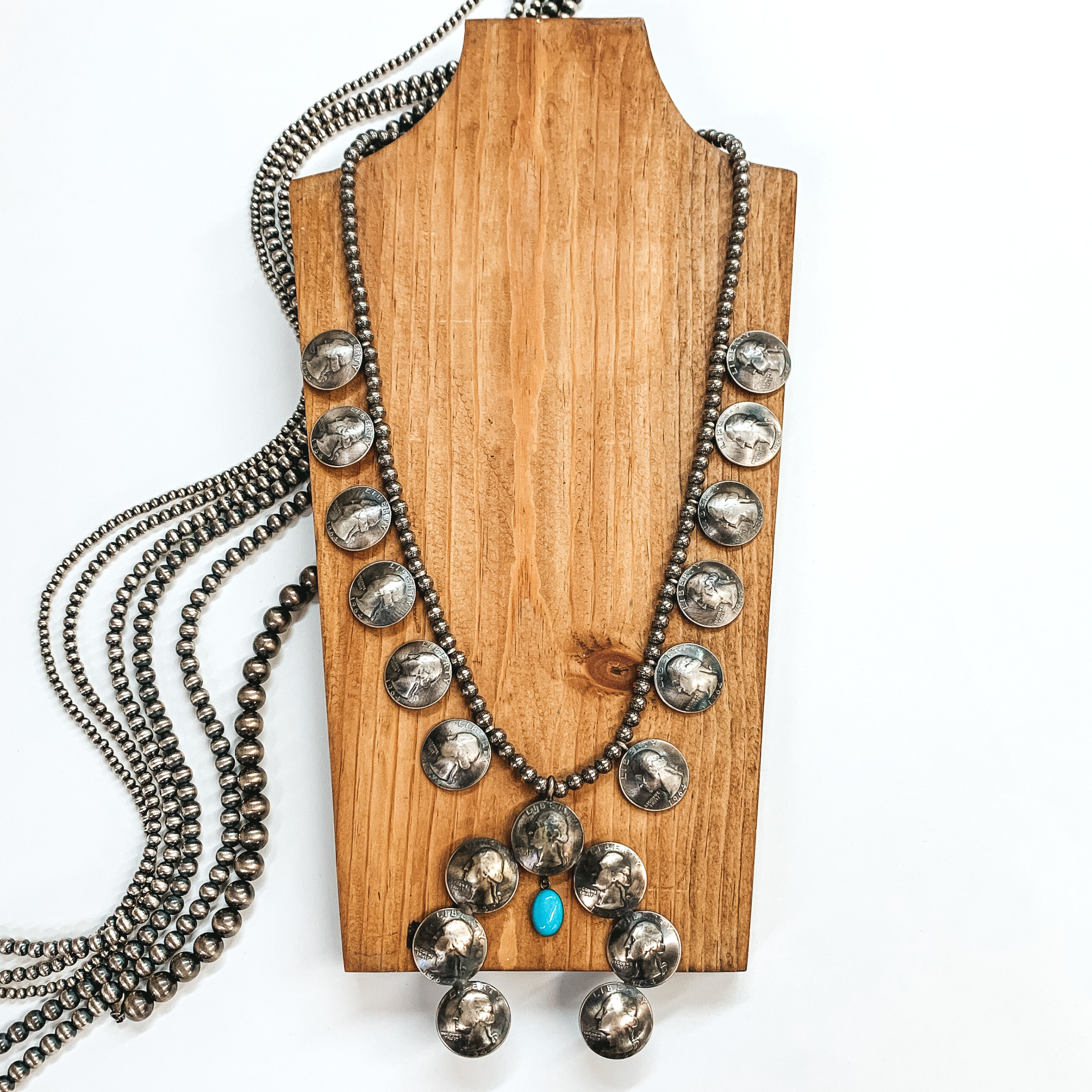 Navajo | Navajo Handmade Vintage Sterling Silver Quarter Naja Necklace with Hanging Turquoise Stone - Giddy Up Glamour Boutique