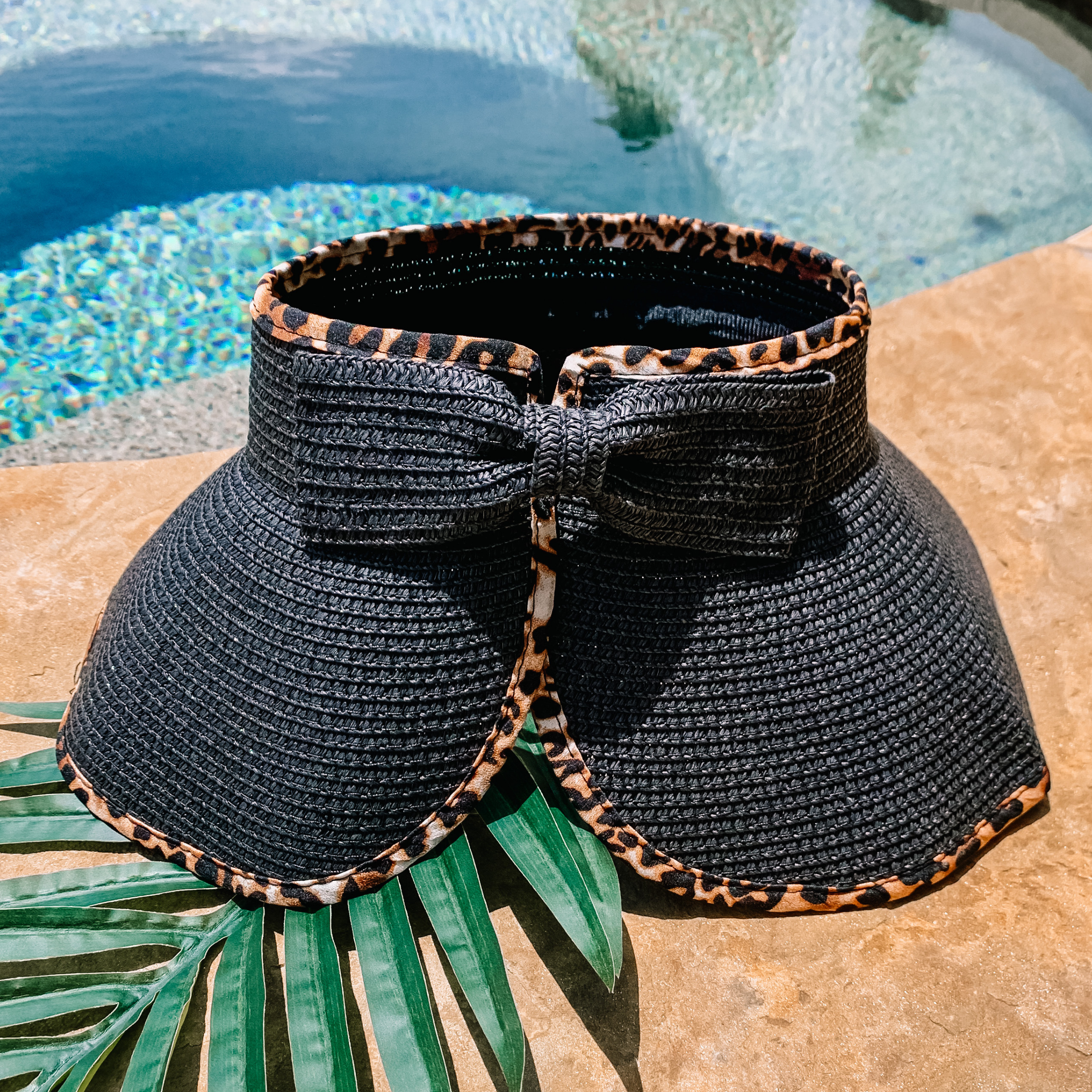 Poolside Chic Velcro Sun Visor in Black with Leopard Print Trim - Giddy Up Glamour Boutique