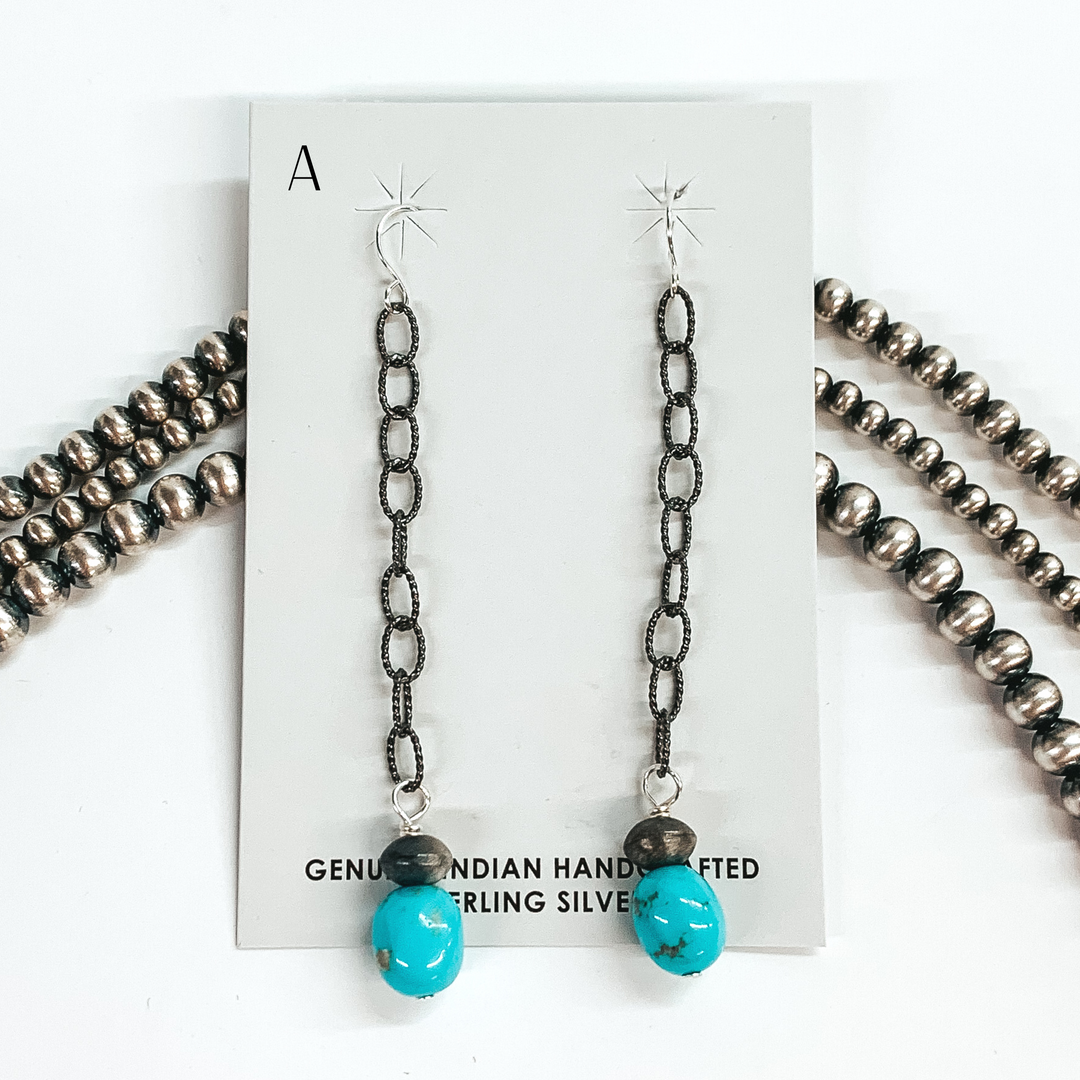 Mason Lee | Navajo Handmade Sterling Silver Chain Drop Earrings with Navajo Pearl Charm and Turquoise Stone - Giddy Up Glamour Boutique