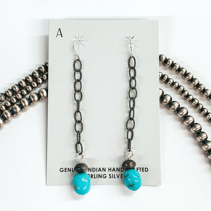 Mason Lee | Navajo Handmade Sterling Silver Chain Drop Earrings with Navajo Pearl Charm and Turquoise Stone - Giddy Up Glamour Boutique