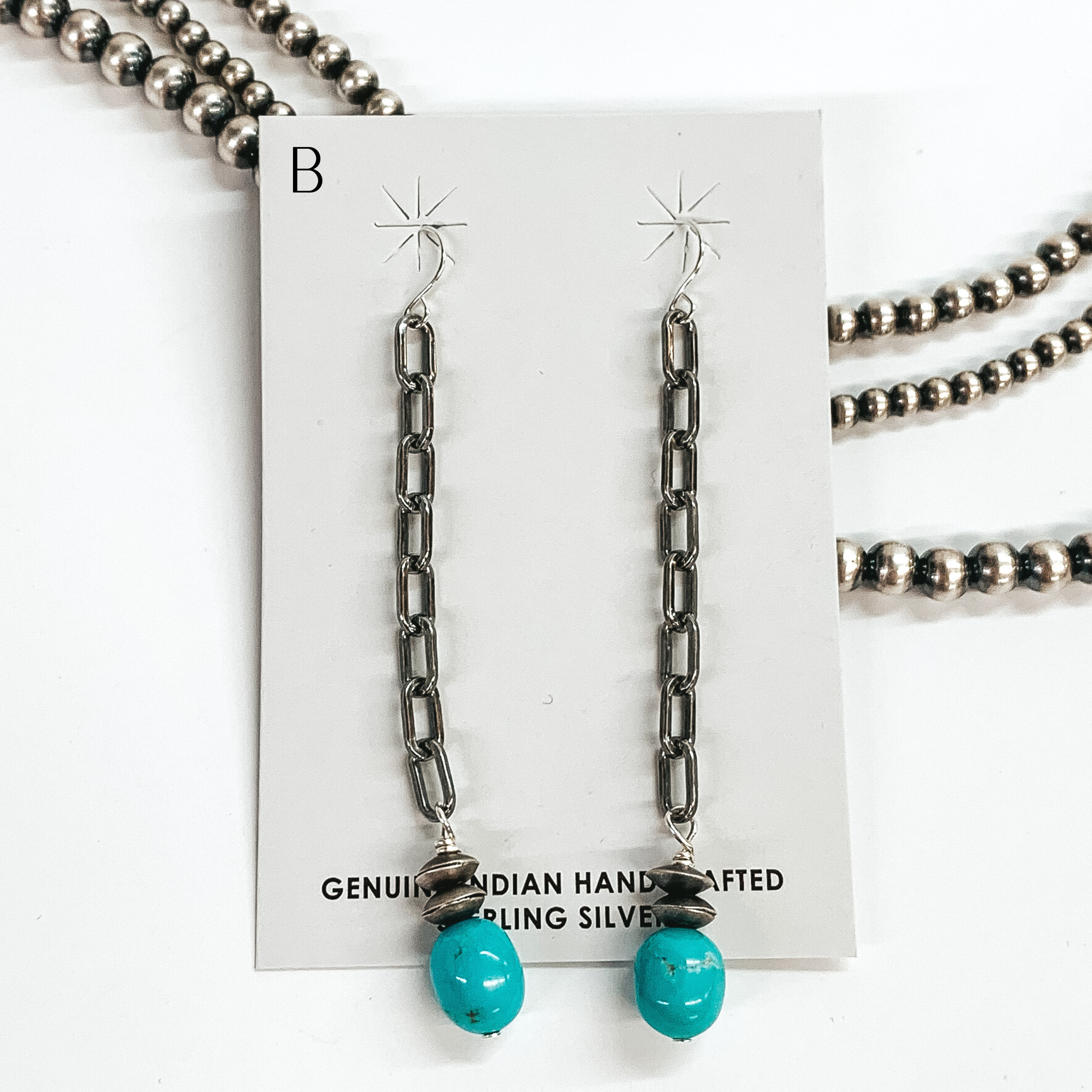 Mason Lee | Navajo Handmade Sterling Silver Chain Drop Earrings with Navajo Pearl Charm and Turquoise Stone - Giddy Up Glamour Boutique