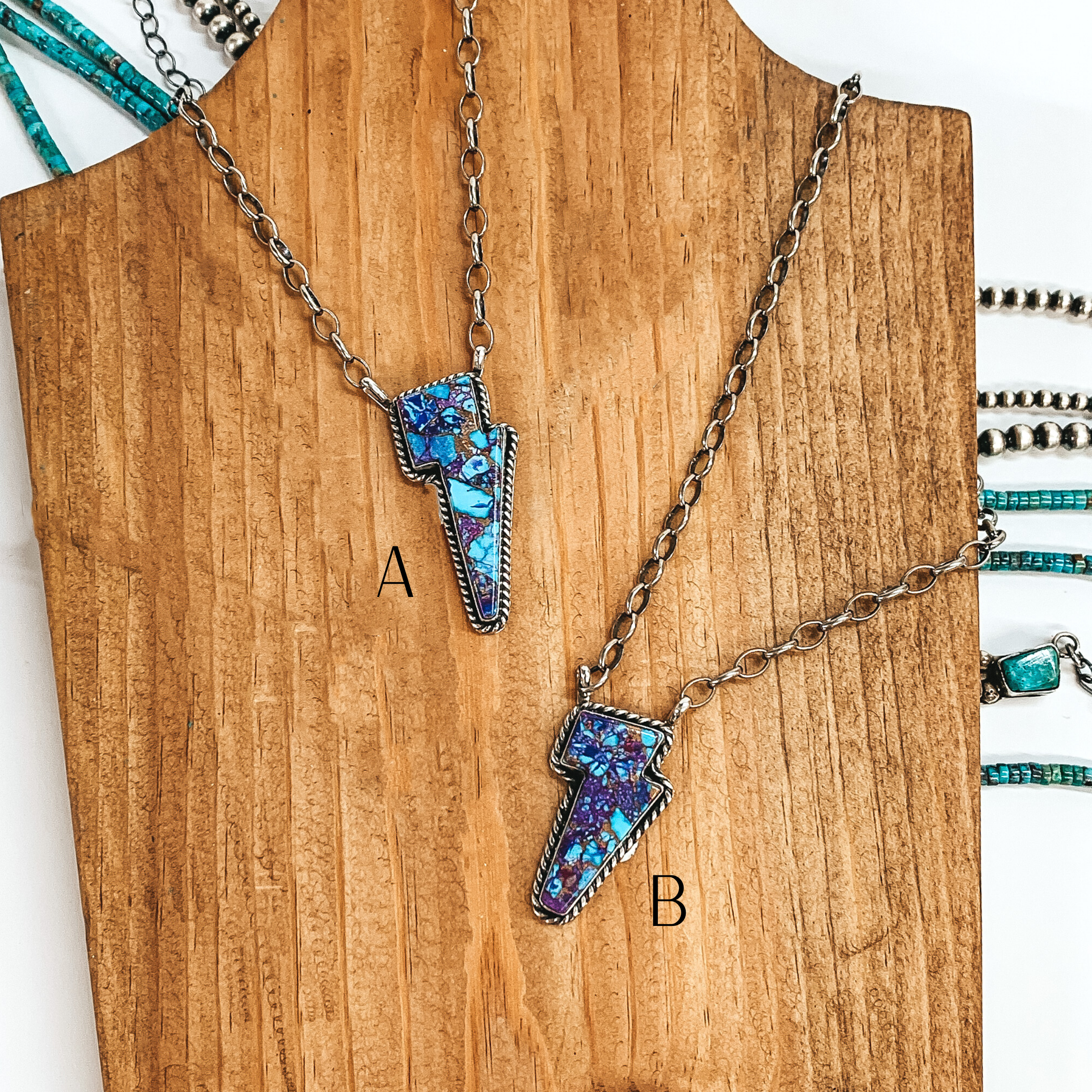 Donovan Skeets | Navajo Handmade Sterling Silver Necklace with Purple Mojave and Turquoise Remix Lightning Bolt Pendant - Giddy Up Glamour Boutique