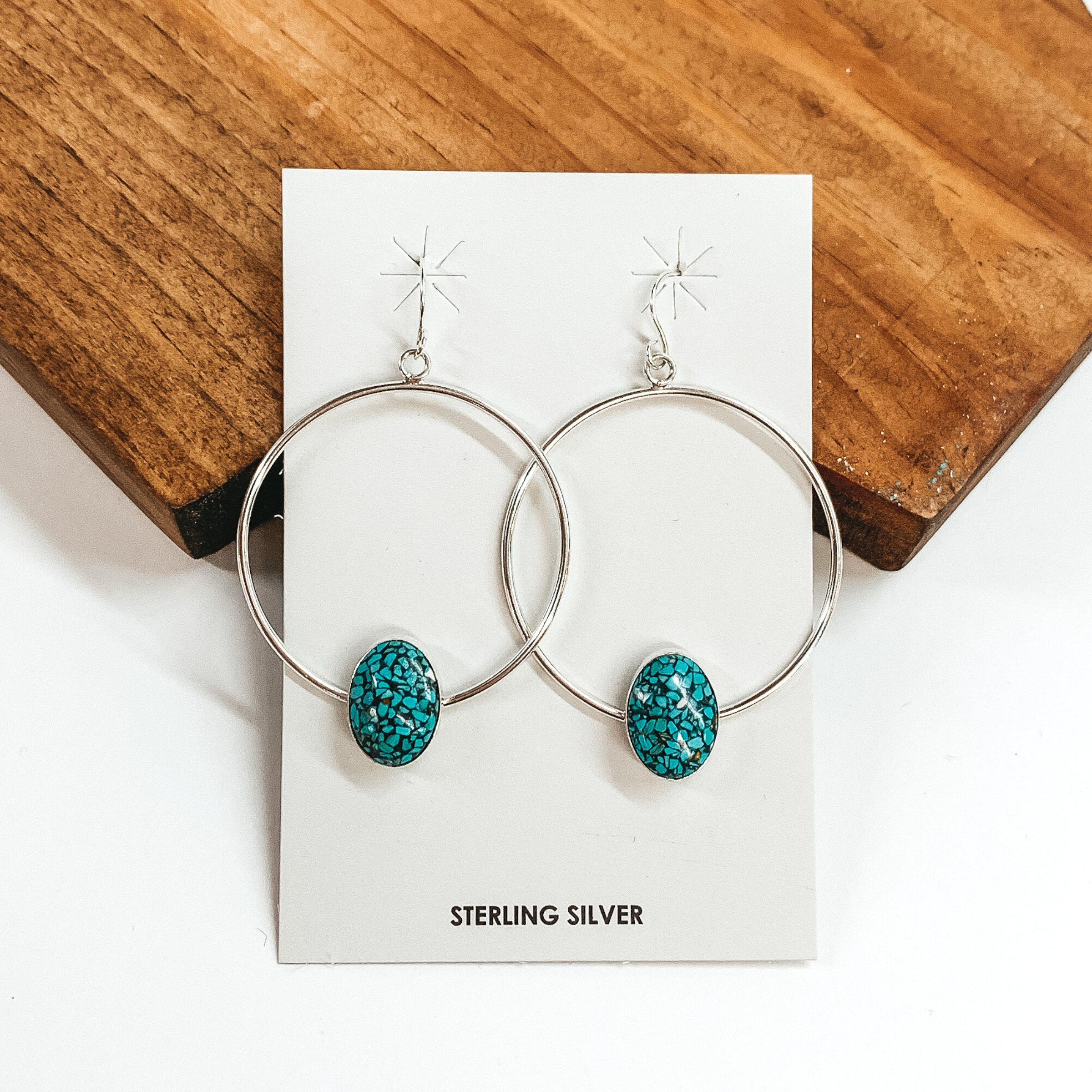 Merle House | Navajo Handmade Sterling Silver Hoop Earrings with Oval Kingman Turquoise Stone - Giddy Up Glamour Boutique