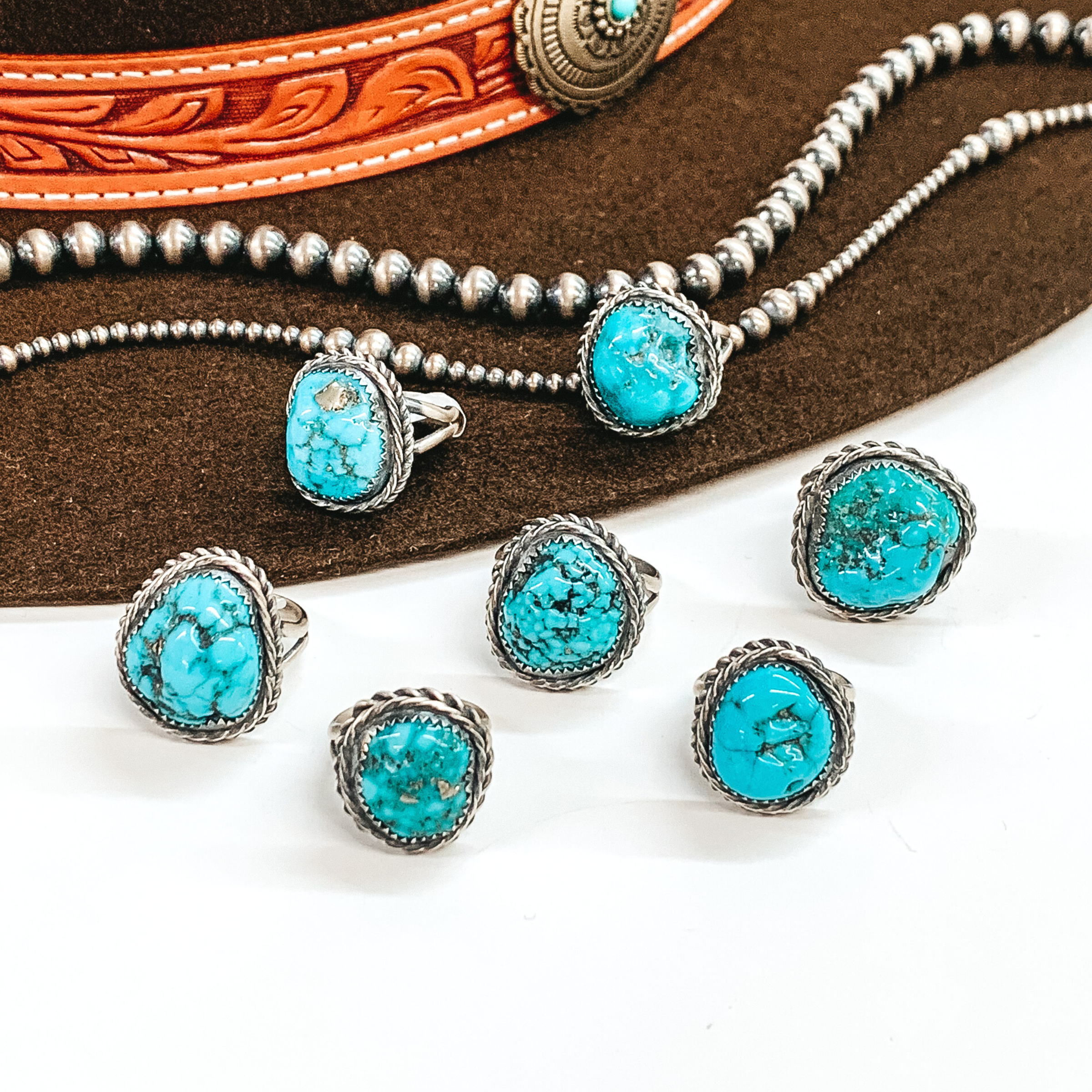 Eli Skeets | Navajo Handmade Sterling Silver Ring Asymmetrical Kingman Turquoise Stone