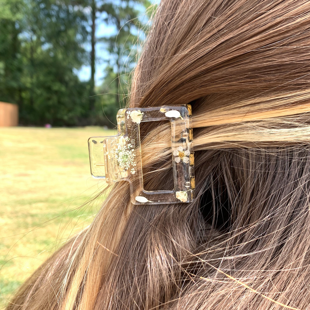 Wallflower Clear Medium Rectangle Hair Clip with Ivory Flowers - Giddy Up Glamour Boutique
