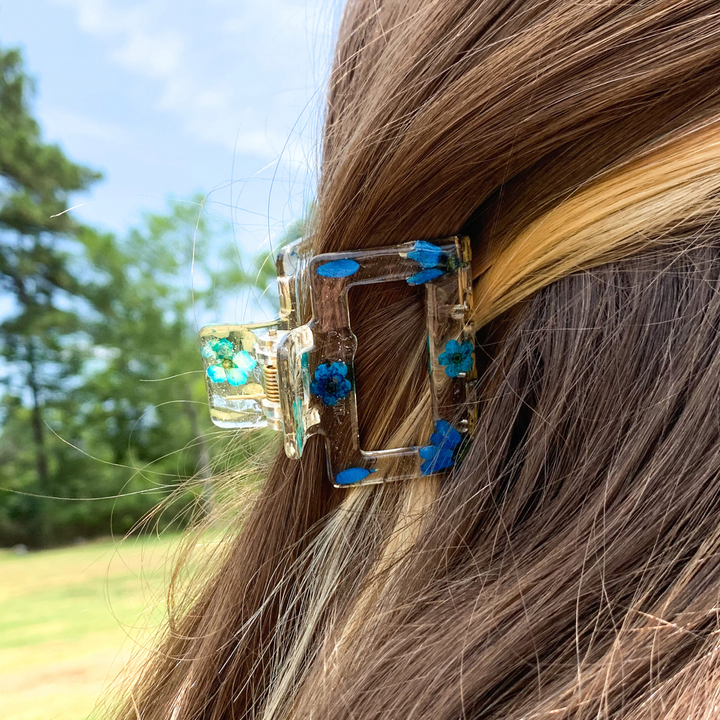 Wallflower Clear Medium Rectangle Hair Clip with Blue Flowers - Giddy Up Glamour Boutique