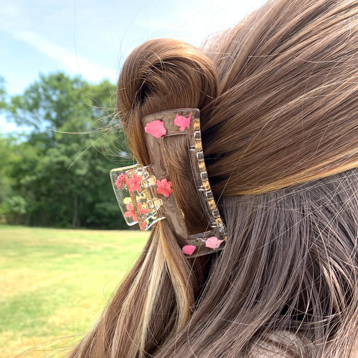 Wallflower Clear Large Rectangle Hair Clip with Pink Flowers - Giddy Up Glamour Boutique