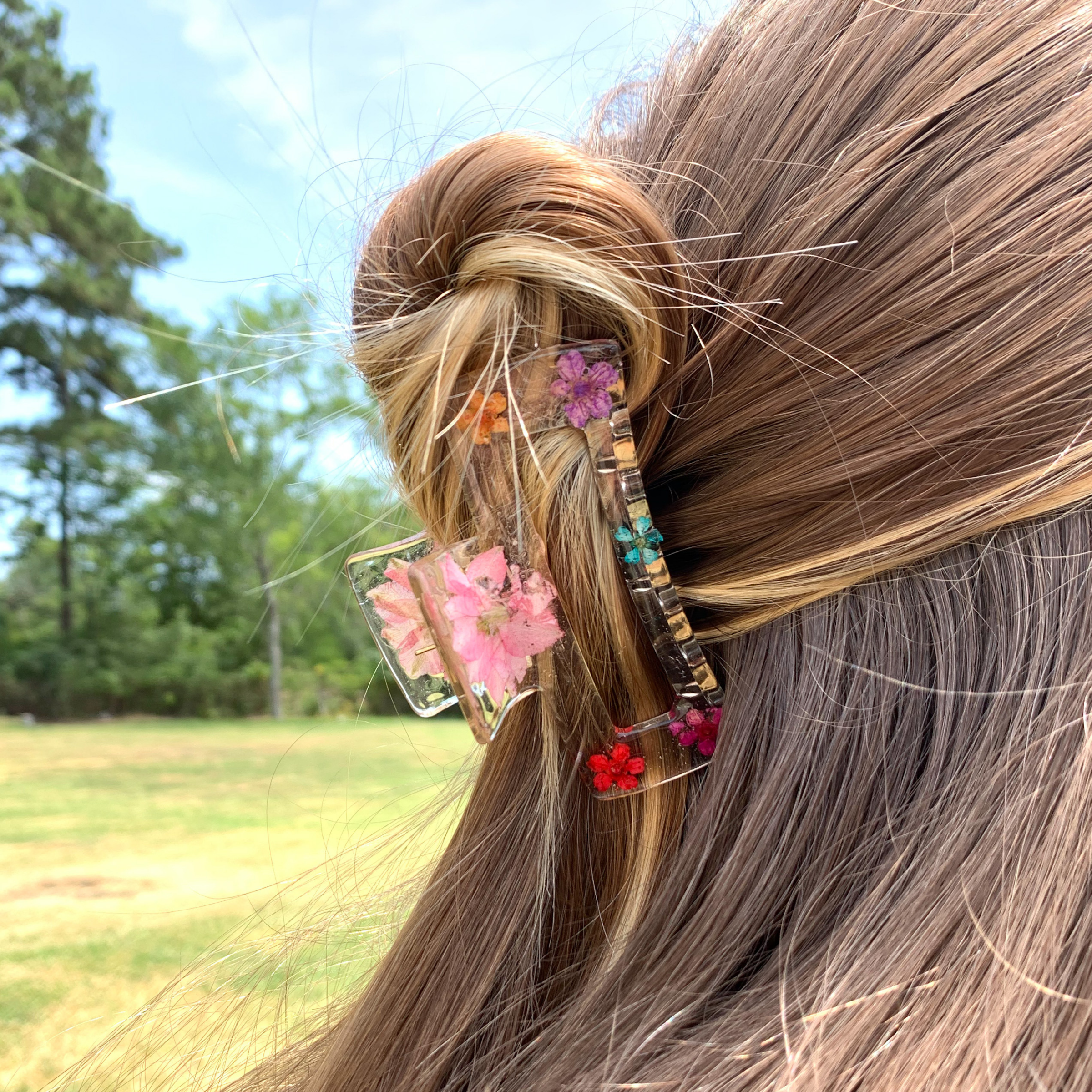 Wallflower Clear Large Rectangle Hair Clip with Multicolored Flowers - Giddy Up Glamour Boutique