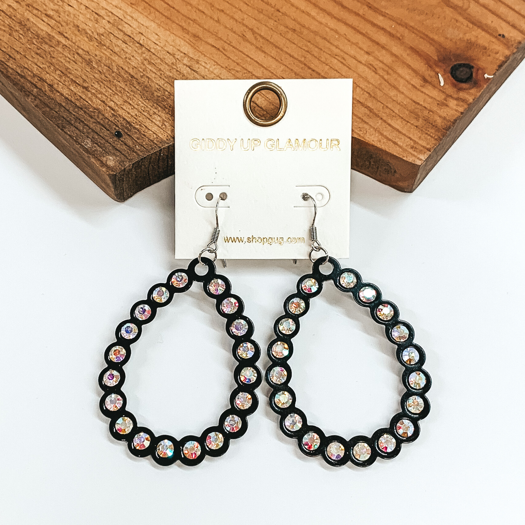 AB Crystal Teardrop Outline Earrings in Black - Giddy Up Glamour Boutique