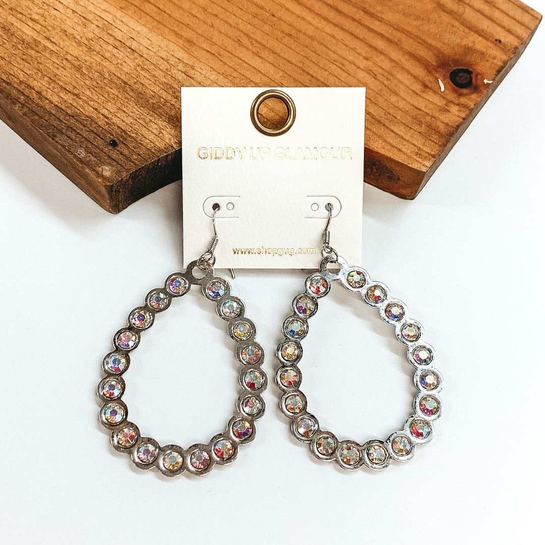 AB Crystal Teardrop Outline Earrings in Silver - Giddy Up Glamour Boutique
