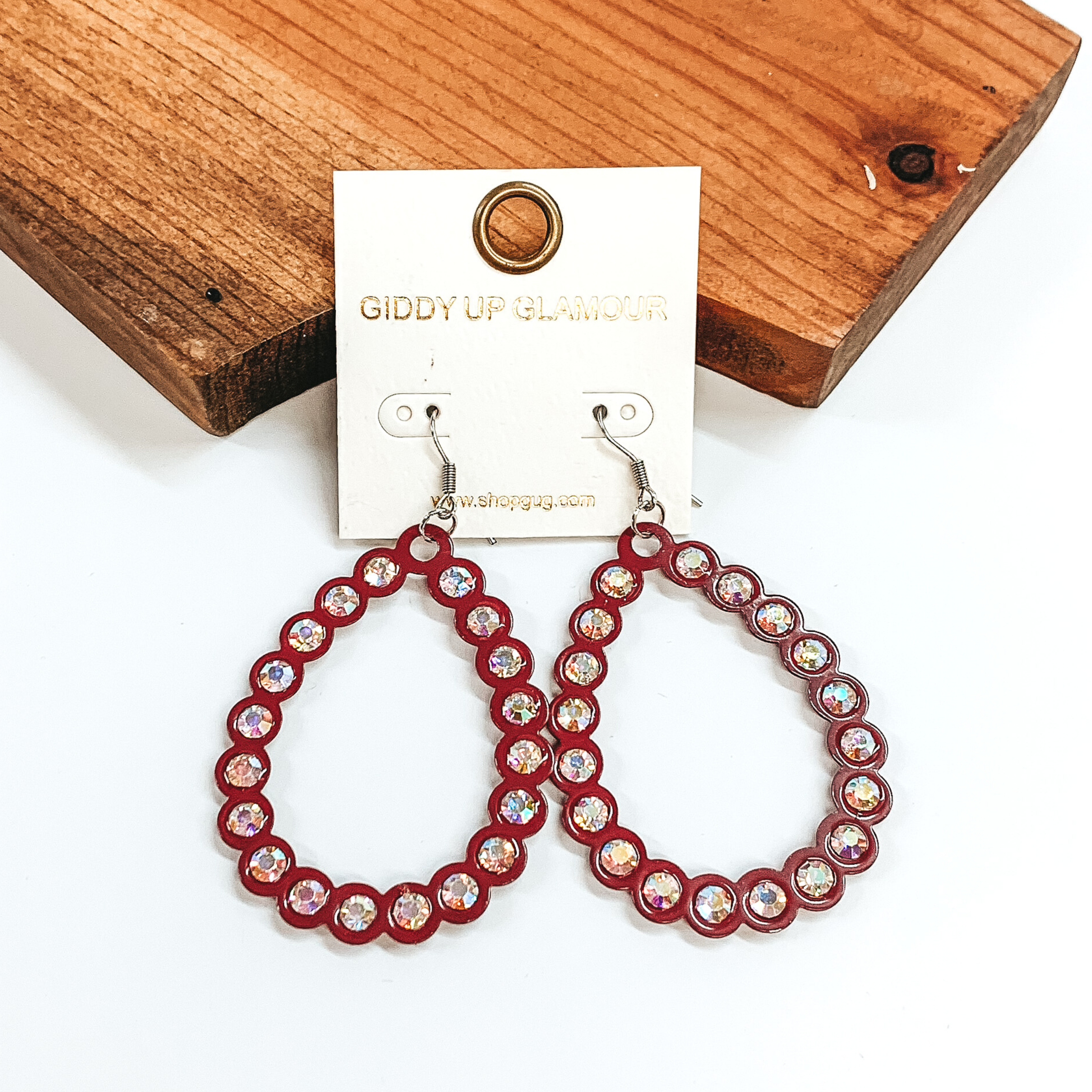 AB Crystal Teardrop Outline Earrings in Burgundy - Giddy Up Glamour Boutique
