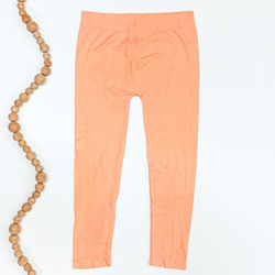 Peach colored leggings pictured on a white background with tan beads to the left of the leggings.