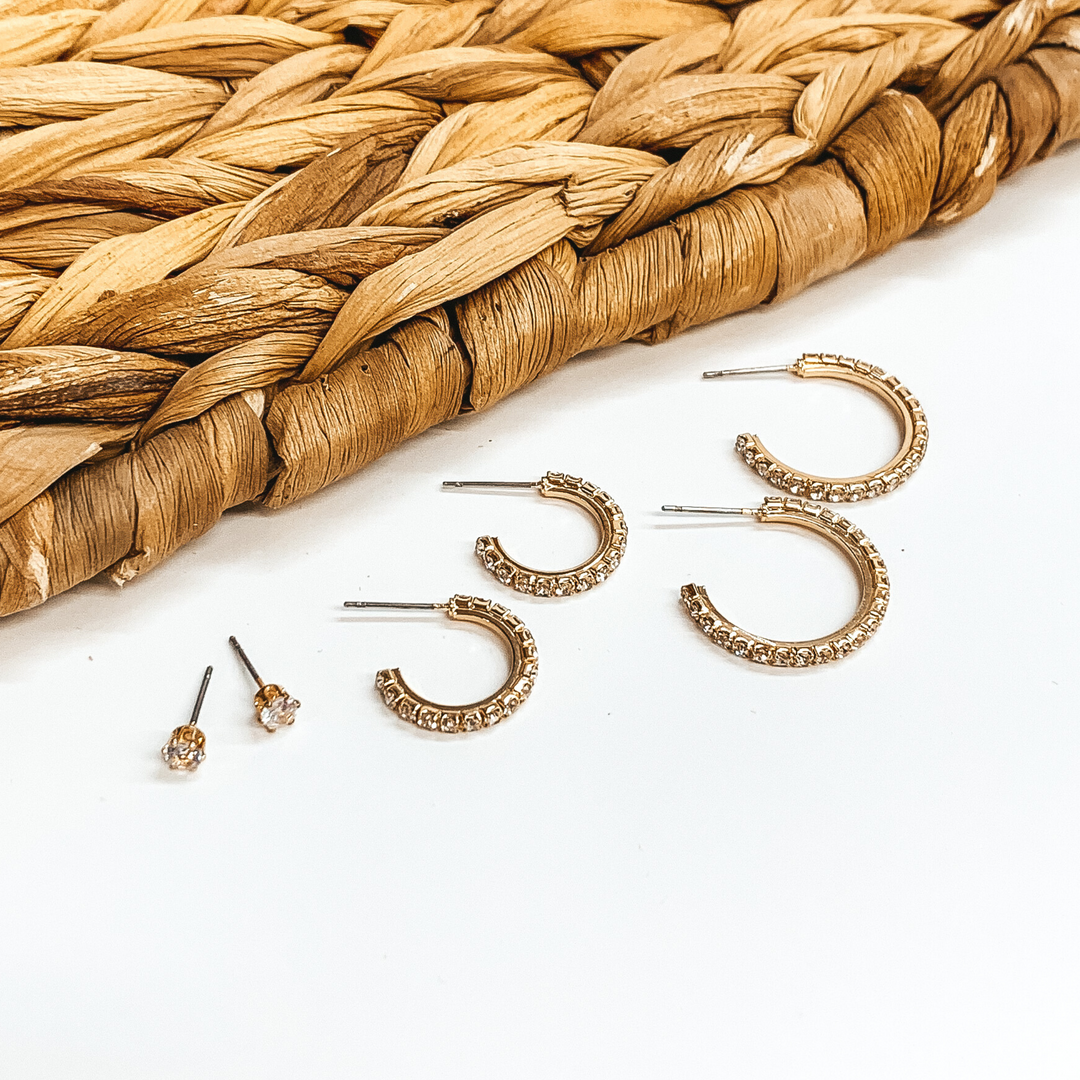 Gold Tone Hoop Earring Set with Clear Rhinestones - Giddy Up Glamour Boutique