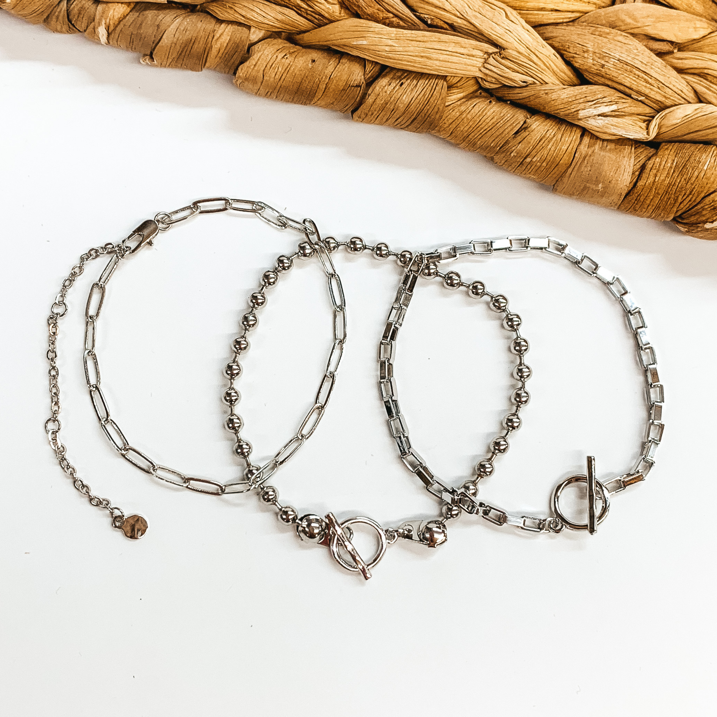 Set of Three | Chain and Beaded Bracelet Set in Silver Tone - Giddy Up Glamour Boutique
