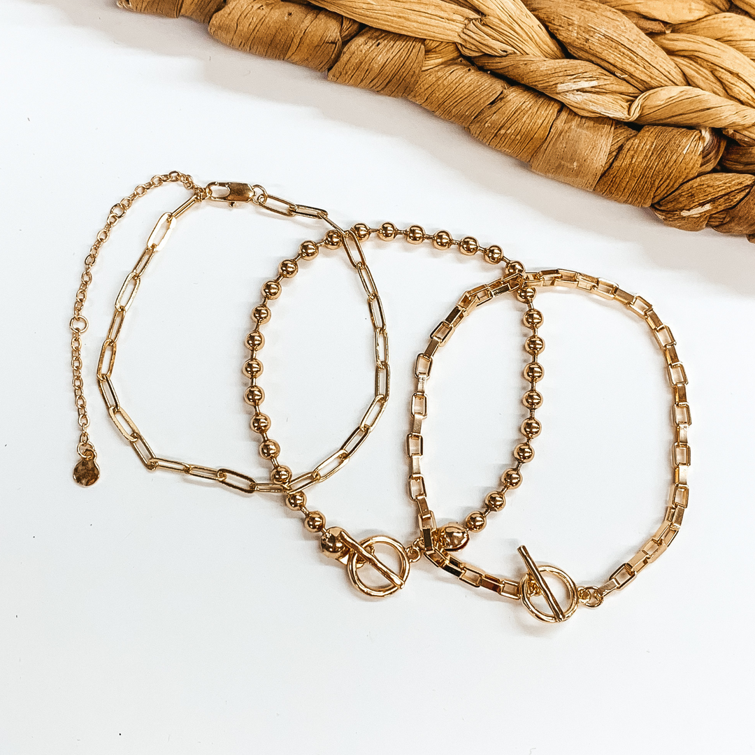 Set of Three | Chain and Beaded Bracelet Set in Gold Tone - Giddy Up Glamour Boutique