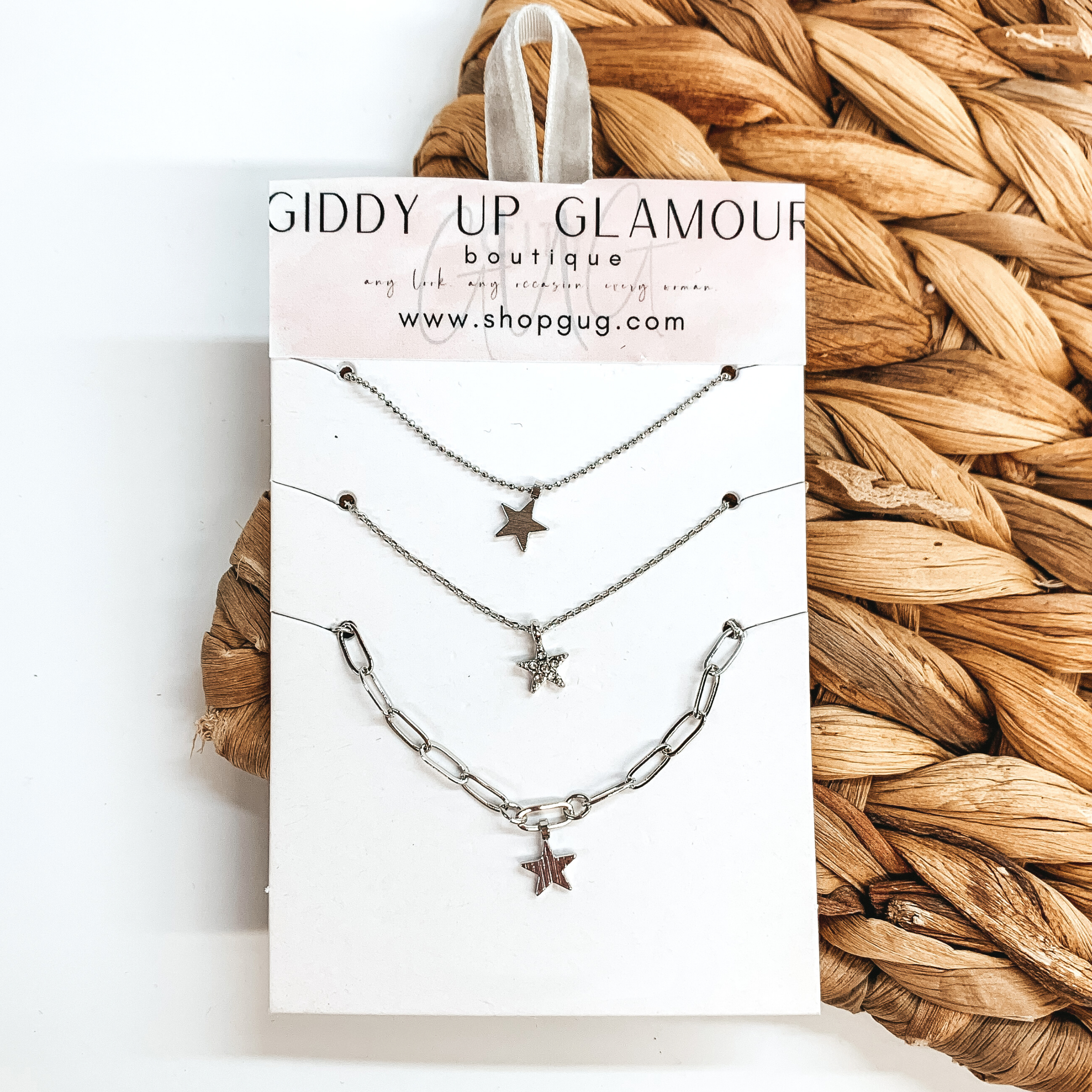 Set of Three | Silver Chain Necklace Set with Star Charms - Giddy Up Glamour Boutique