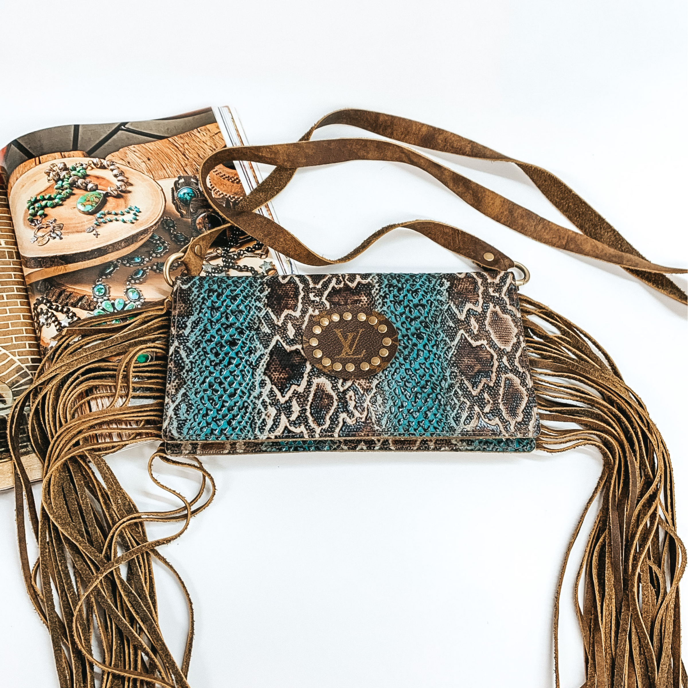 Keep It Gypsy | Rectangle Turquoise Snake Print Purse in Genuine Leather with Leather Fringe - Giddy Up Glamour Boutique