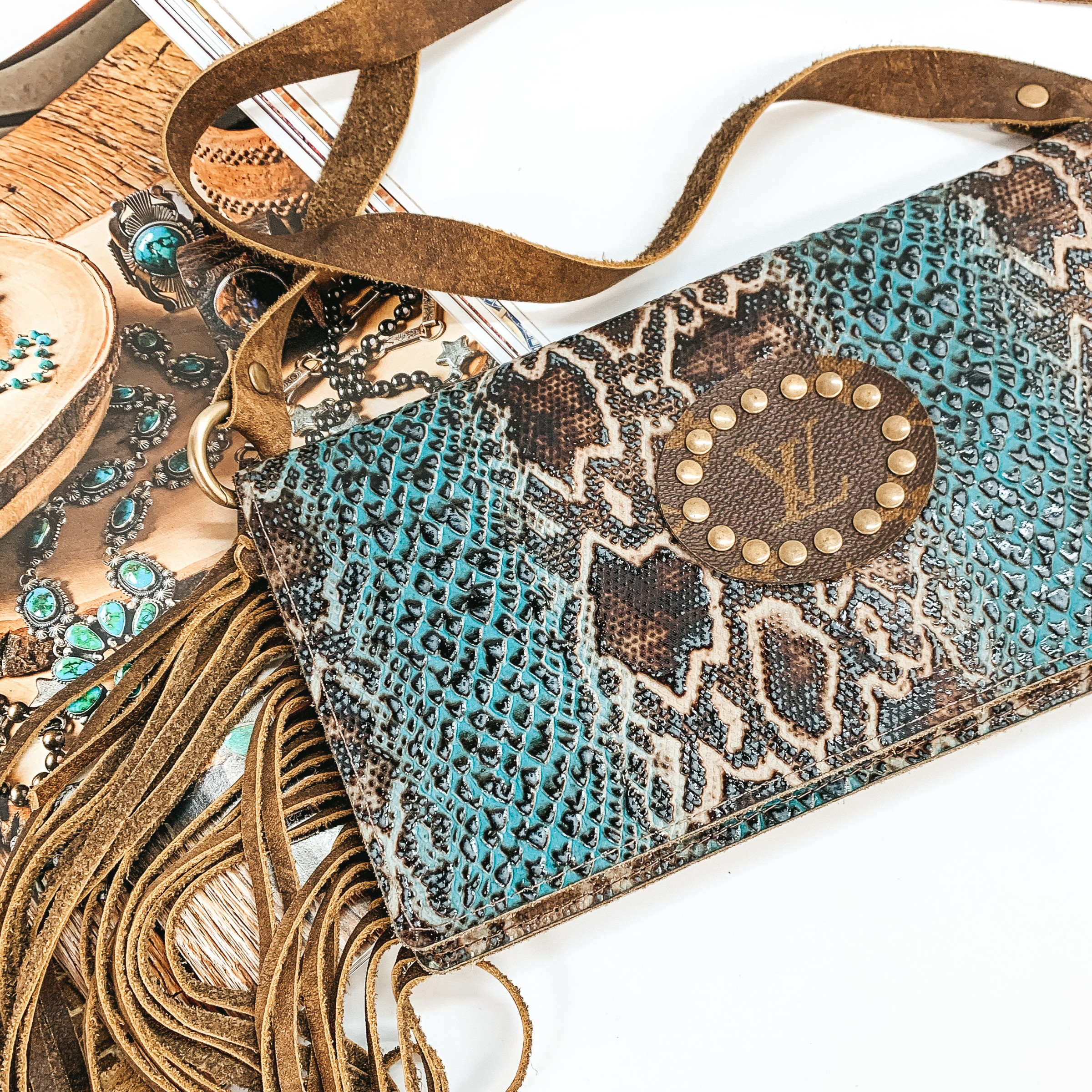 Keep It Gypsy | Rectangle Turquoise Snake Print Purse in Genuine Leather with Leather Fringe - Giddy Up Glamour Boutique